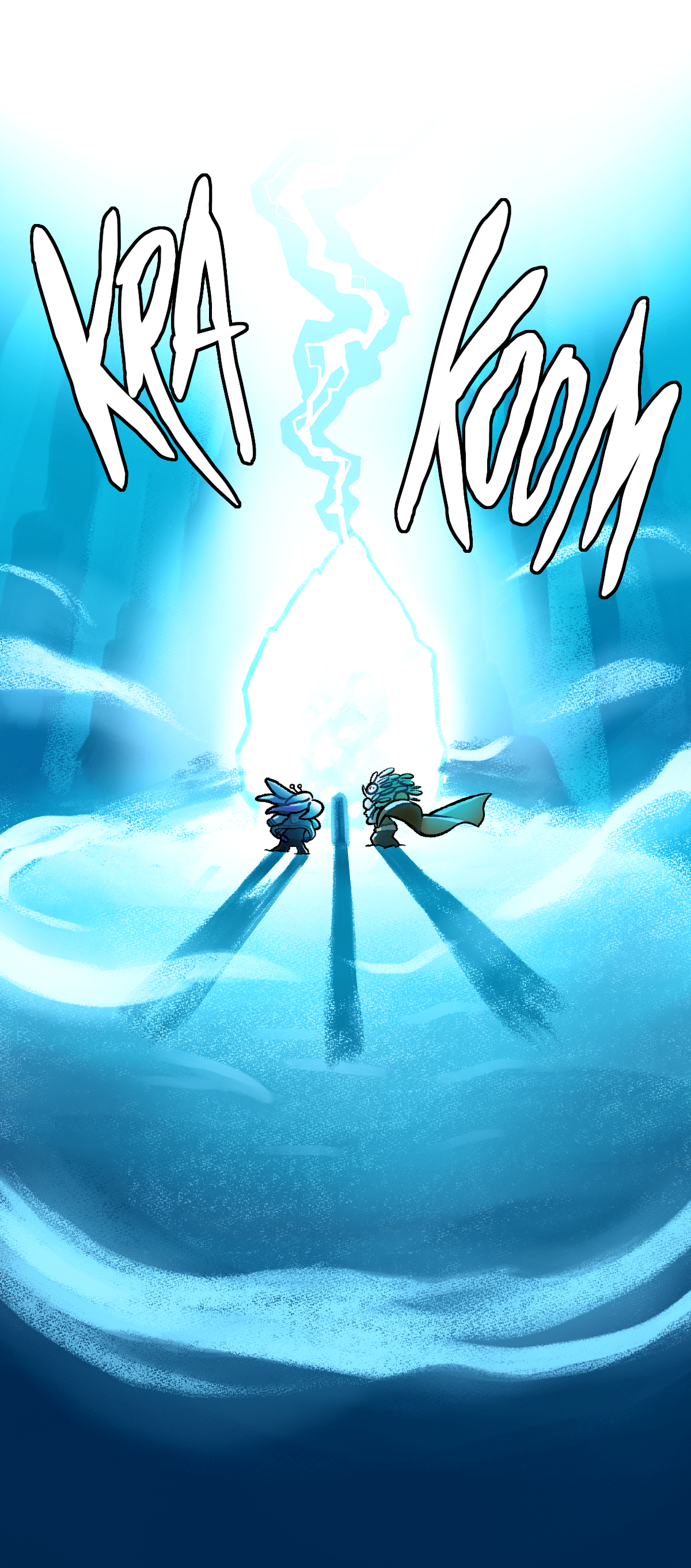 Lightning then strikes the spawning stone, causing a shock wave. Both characters hunch over, their clothes flapping in the wind.