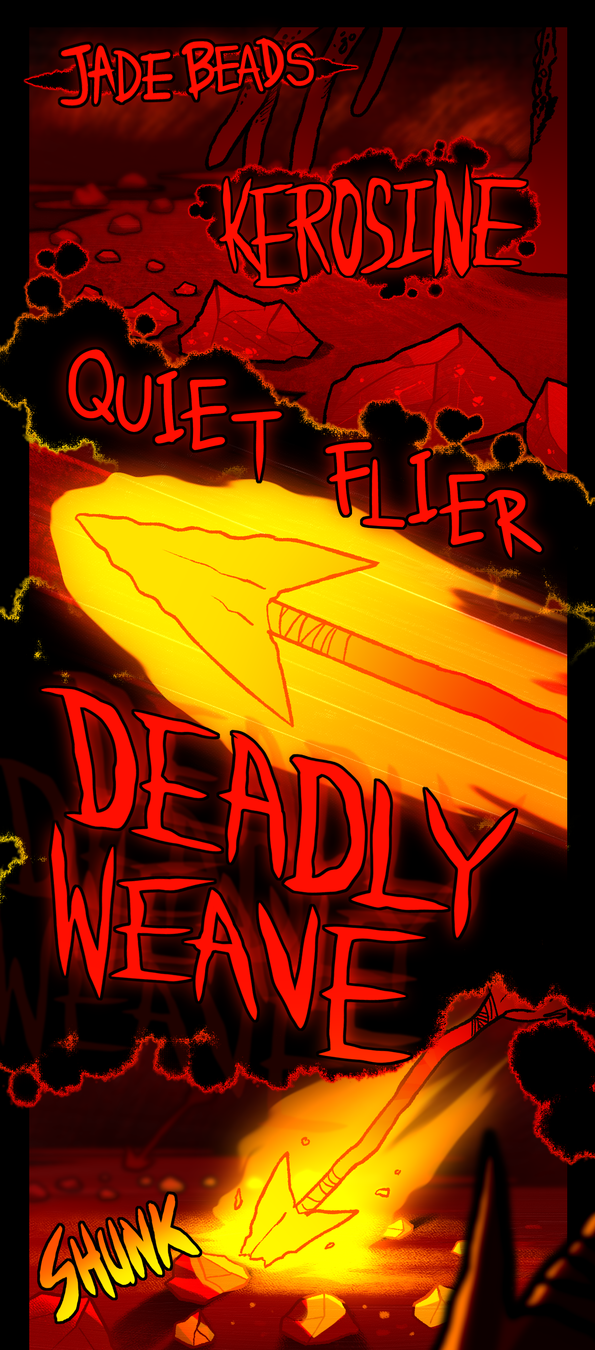 The text boxes vanish and become singed black spots on the comic page. They say, Jade beads, Kerosine, Quiet flier, Deadly weave. A flaming arrow is shot and lands on the ground by the circle of stones.