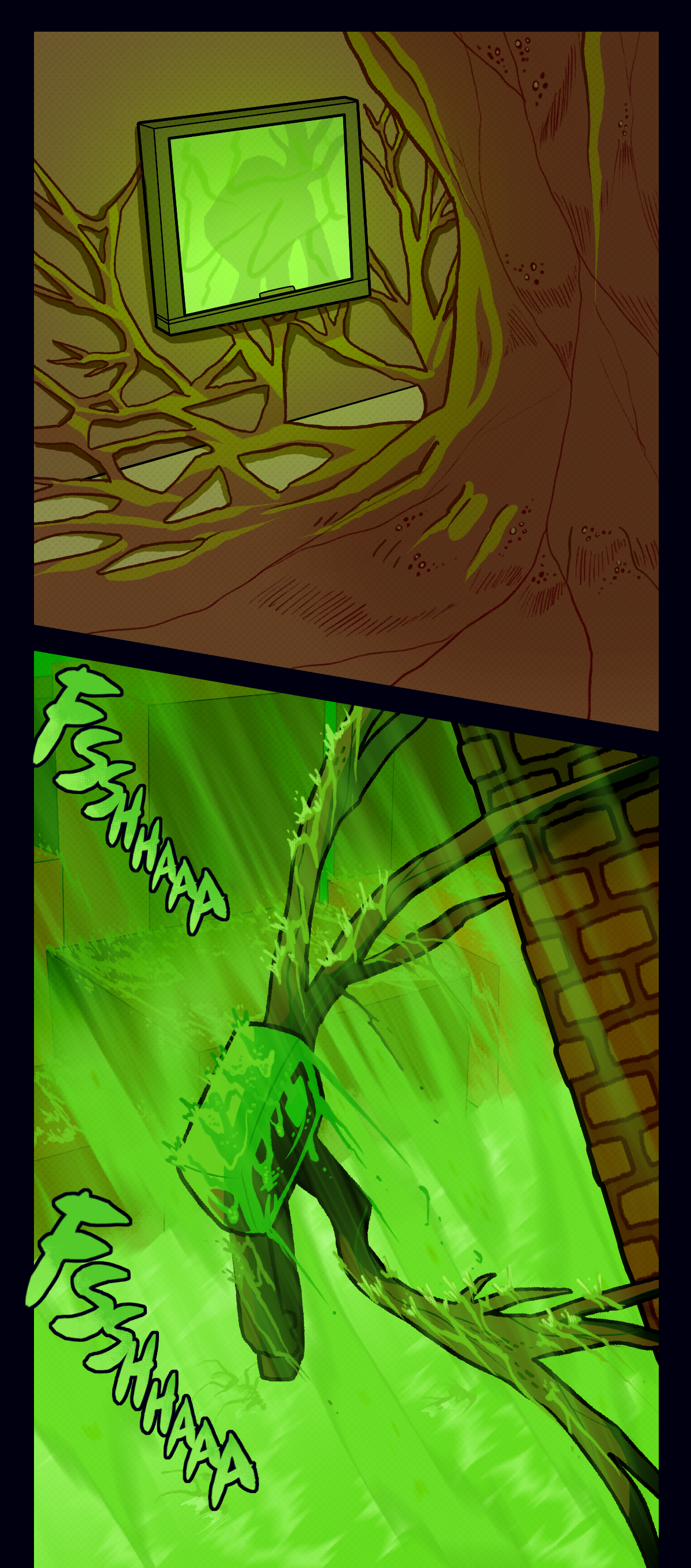 From inside a room upstairs full of gestating flesh, Hokkaido can be seen scaling up the side of the building from the window. Text describes the sound of loud downpour outside as Hokkaido's parasite scales upwards.