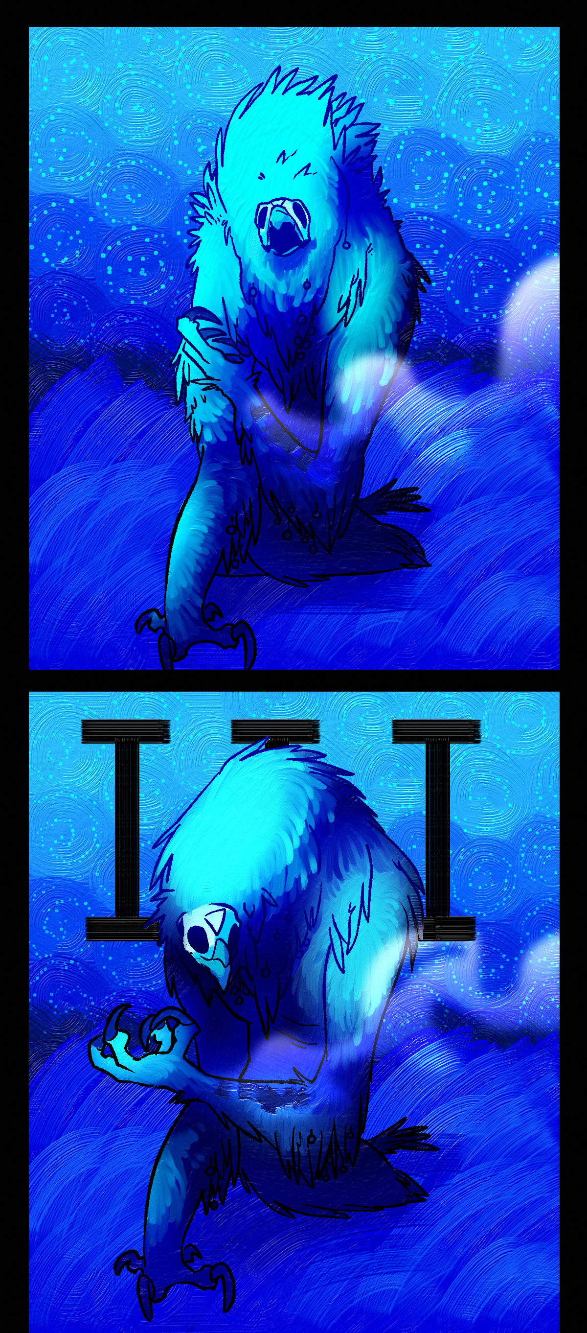The Nightcrawler looks up towards the sky, holding up its arm. Smoke is billowing from its skin where the light touched it, leaving singe marks. The Nightcrawler looks down at its injury, as the Roman numeral three appears behind it.