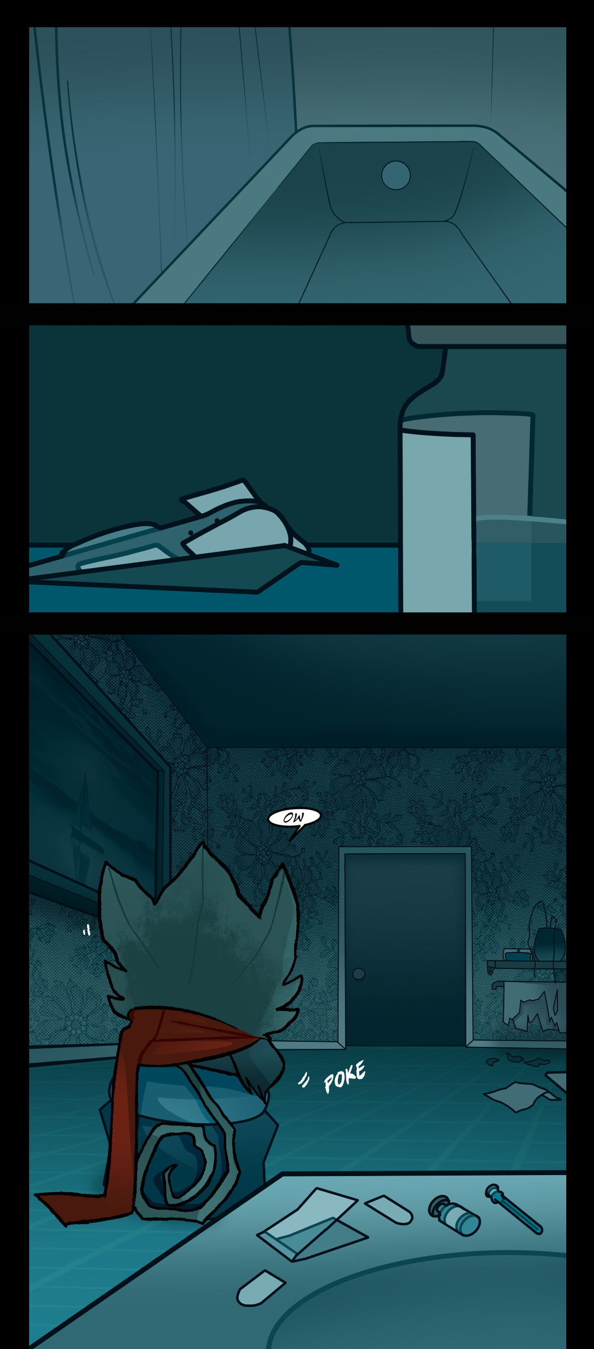The first two panels of the episode open on the empty bathtub of Brandy and Minty's apartment, and the bathroom counter. The bathroom counter has an unwrapped bandage and a half empty vial of testosterone on it. In the next panel, Minty takes a T shot. He says, ow. Text says poke. On the bathroom counter, the bandage has been taken and there is a capped draw needle sharp on the counter. The tips of Minty's leaf and his tail are now dry and curled because of the cold, and he is wearing a long red scarf.