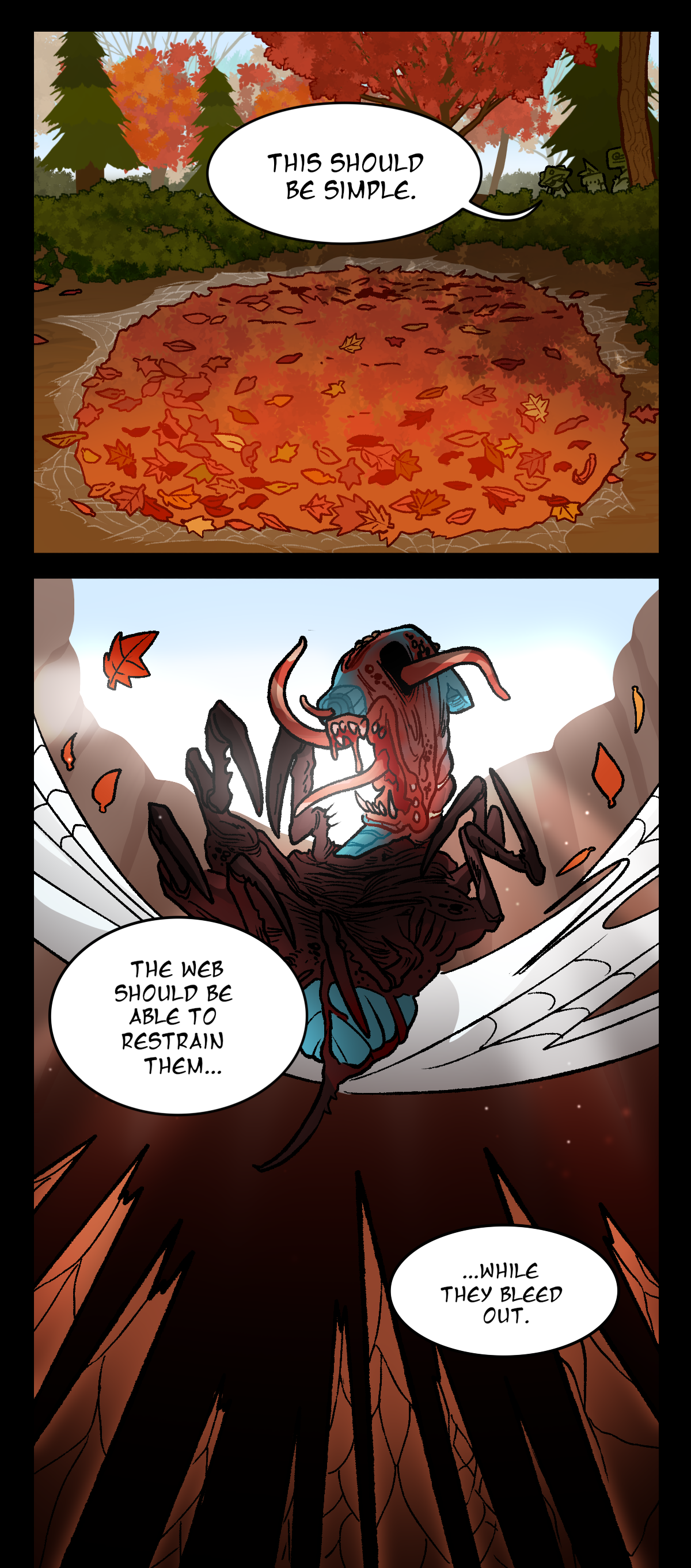 All three characters hide in the brush together near a pit trap. Mushroom says, This should be simple. The web should be able to restrain them, while they bleed out. A visual example is provided of an assimilated spray bottle falling inside, showing off the wooden stakes at the bottom of the pit.
