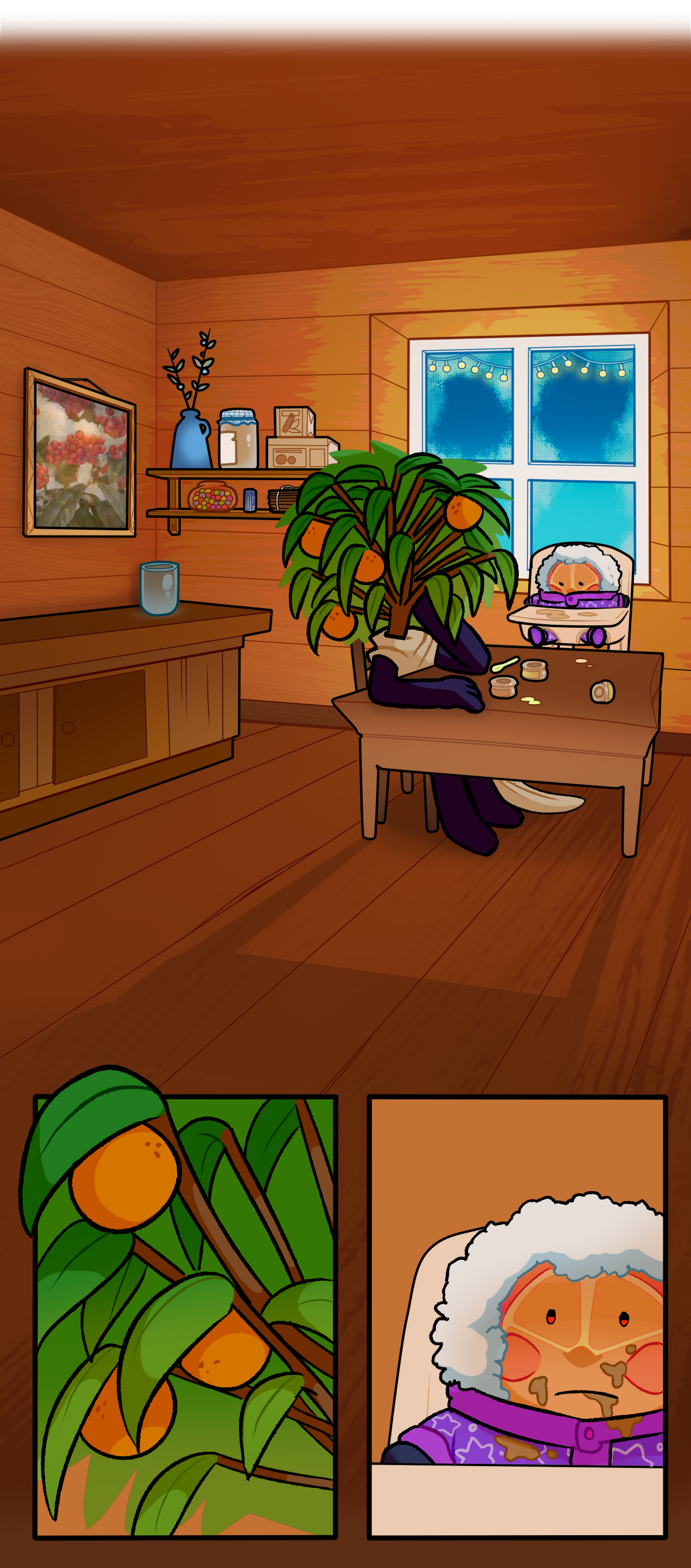 Calamondin sits in her dining room next to Citrus, who is in a baby chair. His face and clothes are covered in baby food.