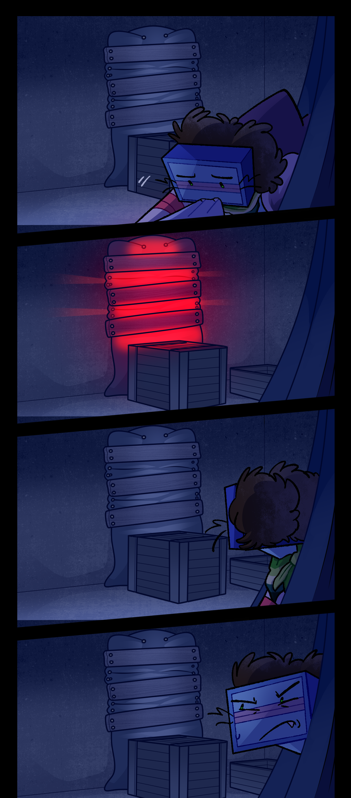 Razor drags Gum into her blanket tent. The window glows red again, making Razor poke her head back out of the tent to look. The light is gone when she looks, and she makes an annoyed and uneasy expression before going back inside.