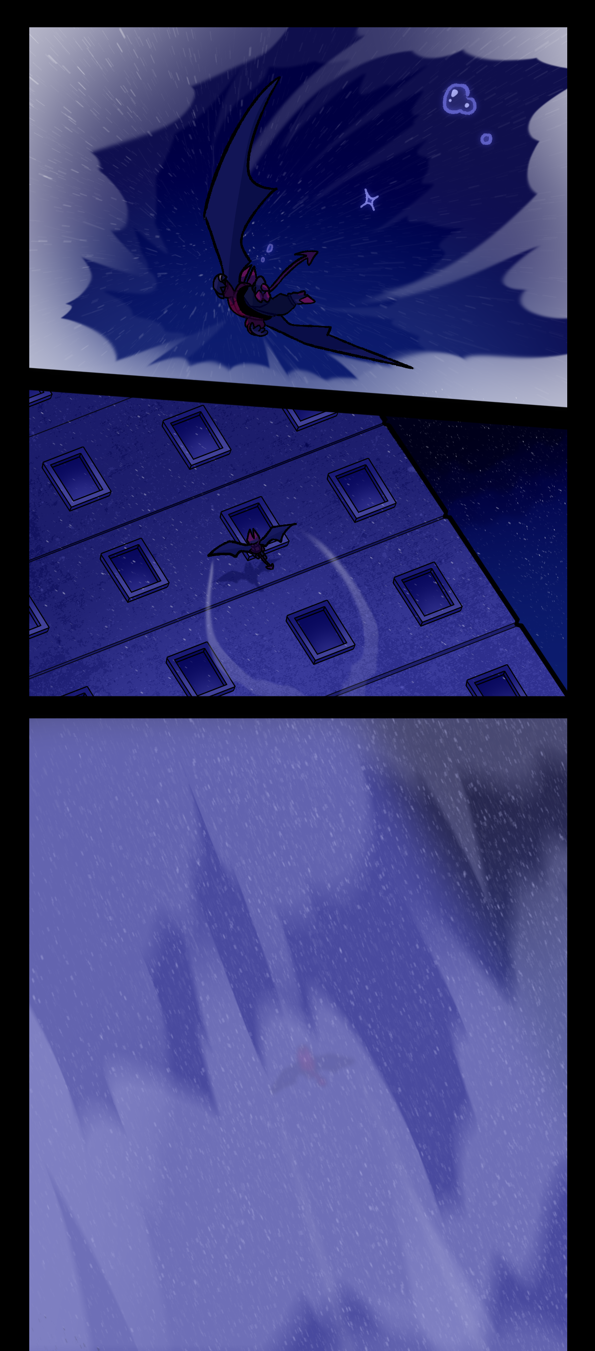 Dragonscale flies through the snowy sky, their tears visible behind them.  She flies up the side of a tall building through a thick white cloud.