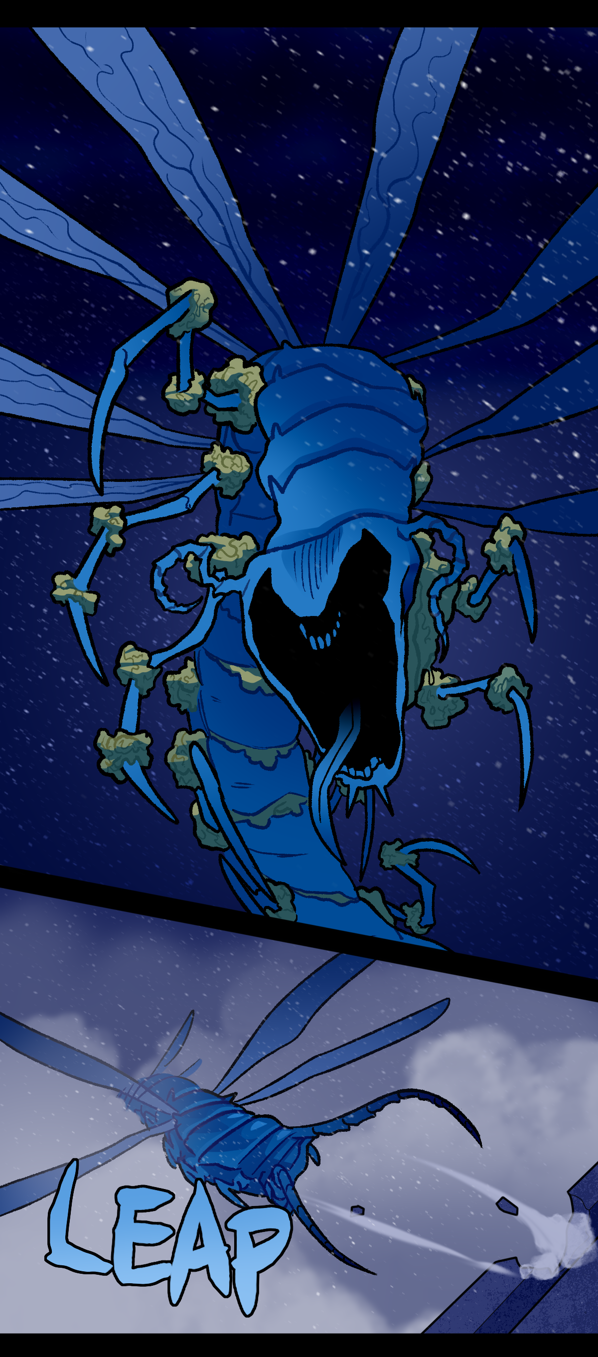Hokkaido turns in the direction of Dragonscale, his face sunken in completely. He leaps from the edge of the building, chasing after her. Text says leap.