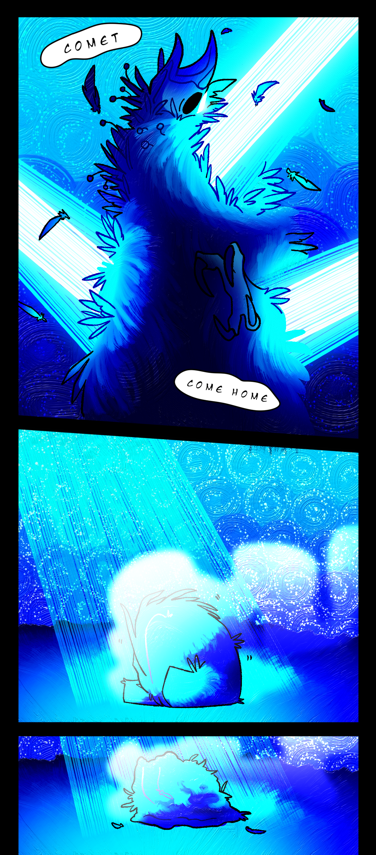 The voice from the sky says, Comet. Come home. The Nightcrawler is hit with three beams of light, tilting its head back in a silent scream. It curls up on the ground and begins to melt, becoming smaller.