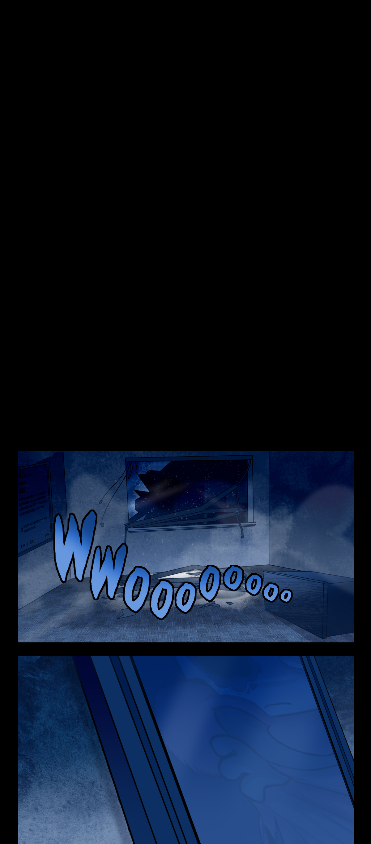 After a long black buffer, cold wind blows into a trashed room through a broken window. Text describes the sound of screaming wind. A standing mirror leans against a wall. Hokkaido's reflection can hardly be seen in it.