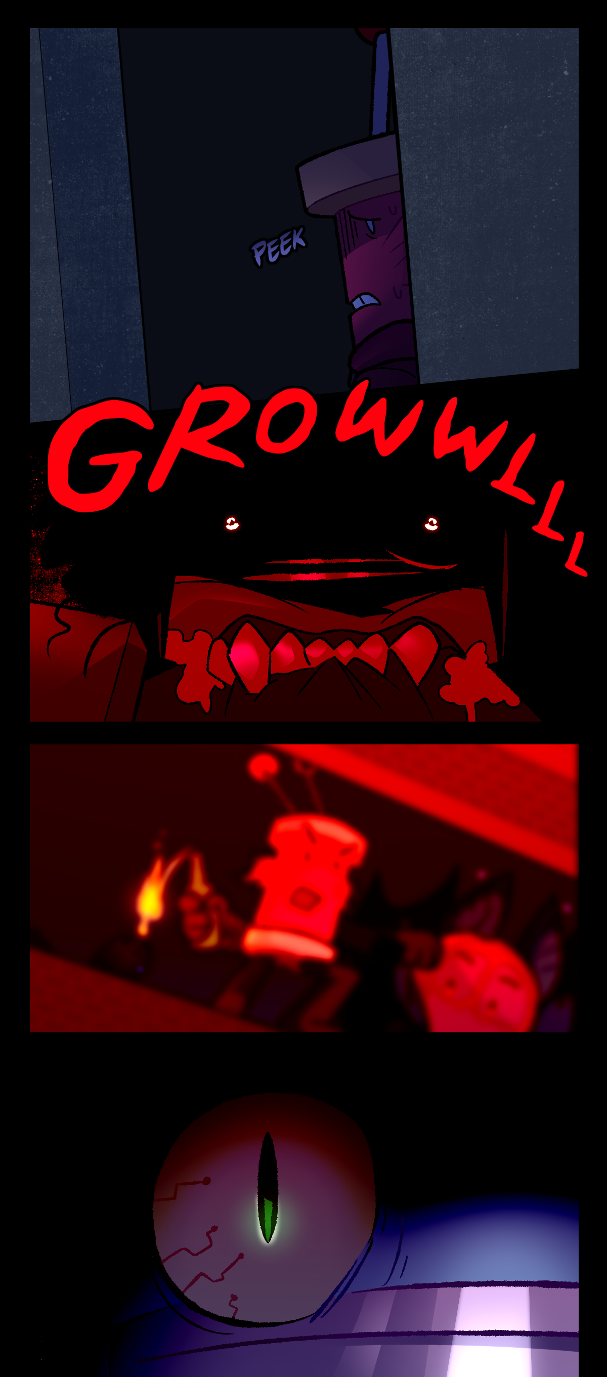 Spool looks around the corner towards Razor. Text says peek. Razor growls loudly, locking eyes with Spool. A fuzzy memory flashes in her mind of when Spool helped her. Razor recognizes him, the deep red receding quickly from the scene.