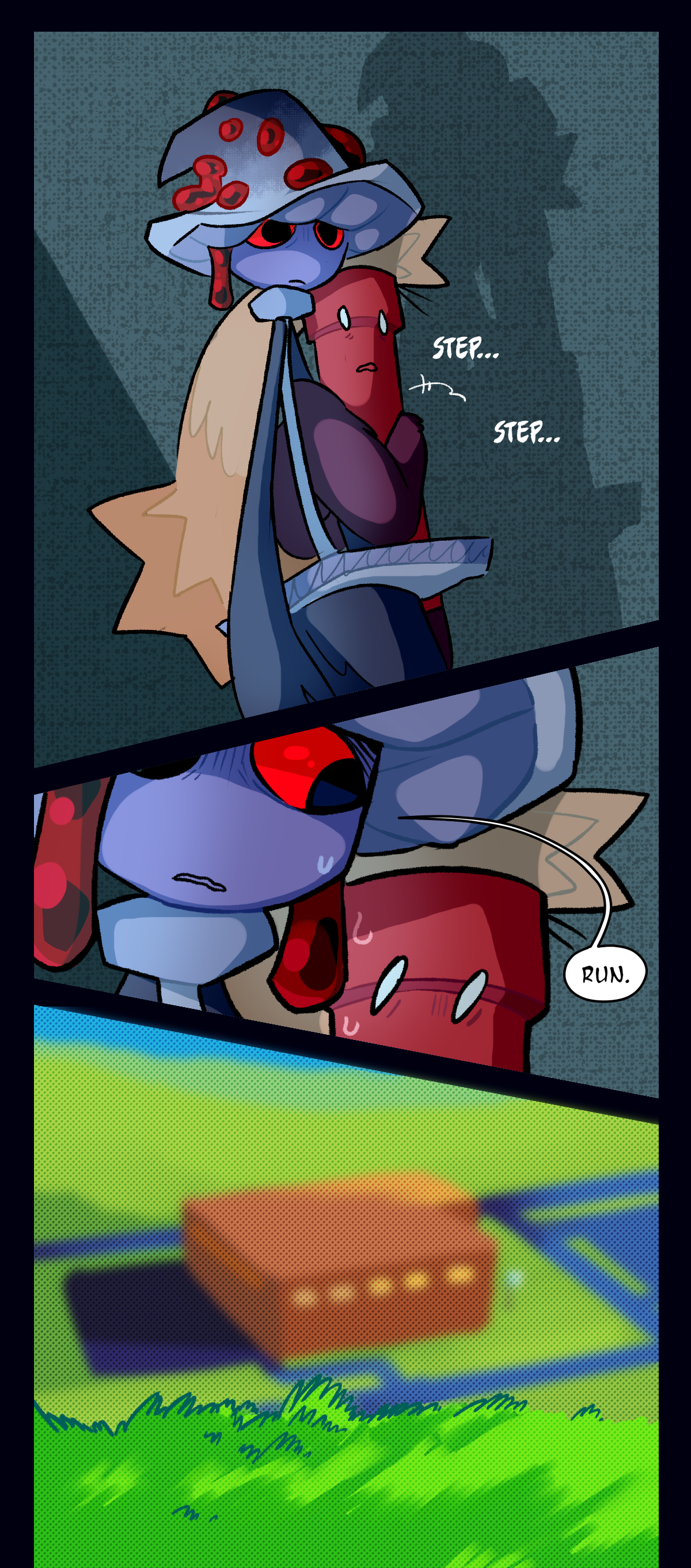 Mushroom and Dynamite are in the school hallway, slowly backing away from the horde of assimilated objects. Dynamite is holding onto Mushroom's arm. Looking down at Dynamite, Mushroom quietly says, Run.