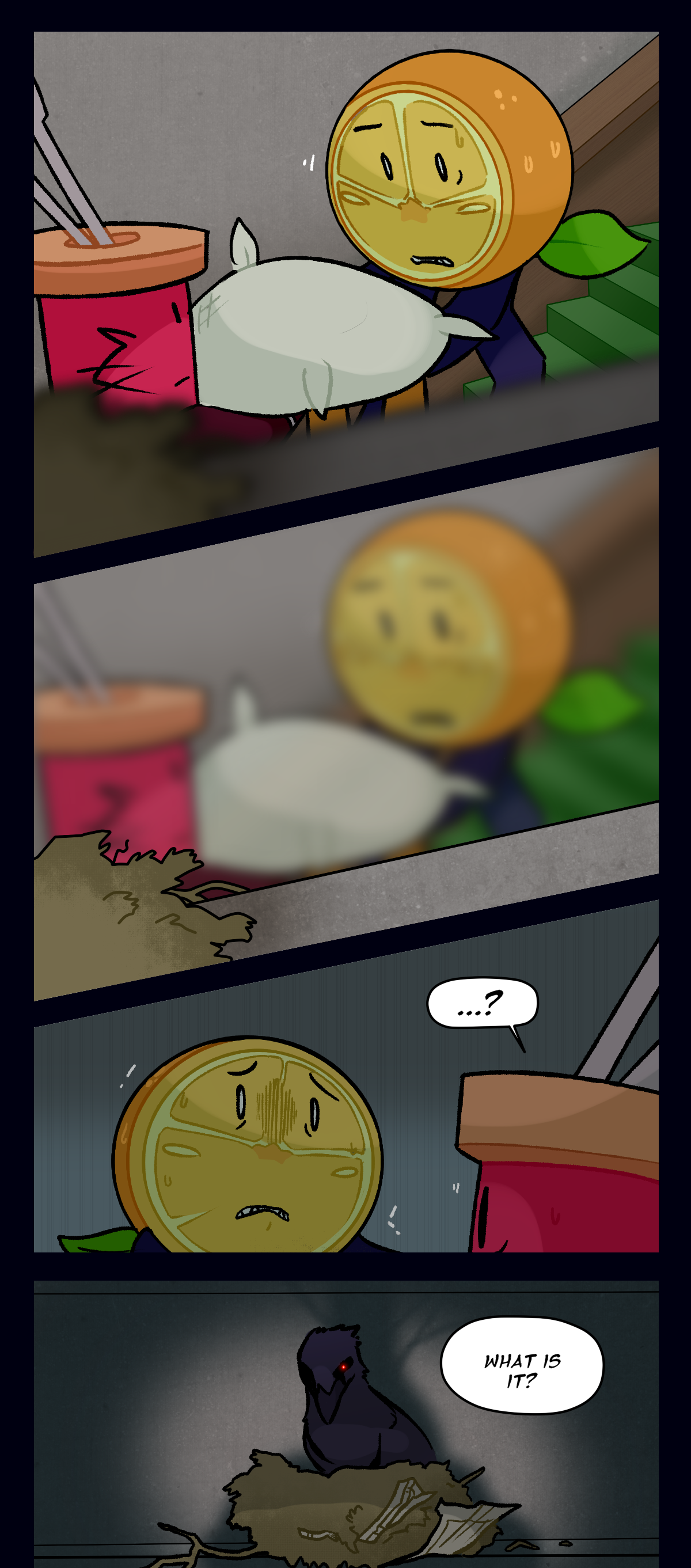 While Citrus stares at the bird nest on the stairwell, Spool asks, what is it?