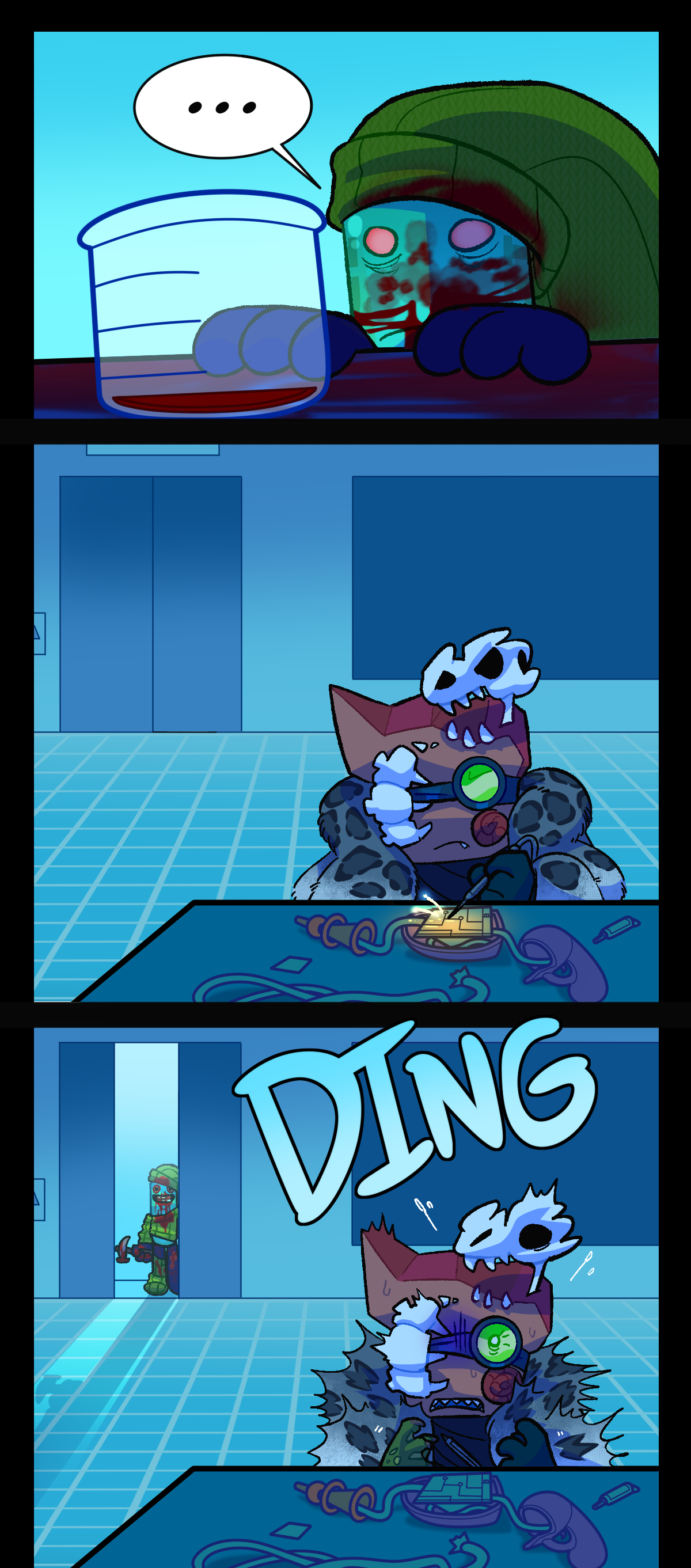 Coming down from their high, Painkiller realizes that the beaker is almost empty. In Carrot's lab, Fossil has the toy ray gun on a table and is using an electric welding tool on it. Inside of it there are chips and wires. The elevator door begins to open in the next panel with a loud ding, causing Fossil to jump in terror and drop her tools. Painkiller stands grinning in the elevator, soaked in their own blood and holding a bloody hammer.