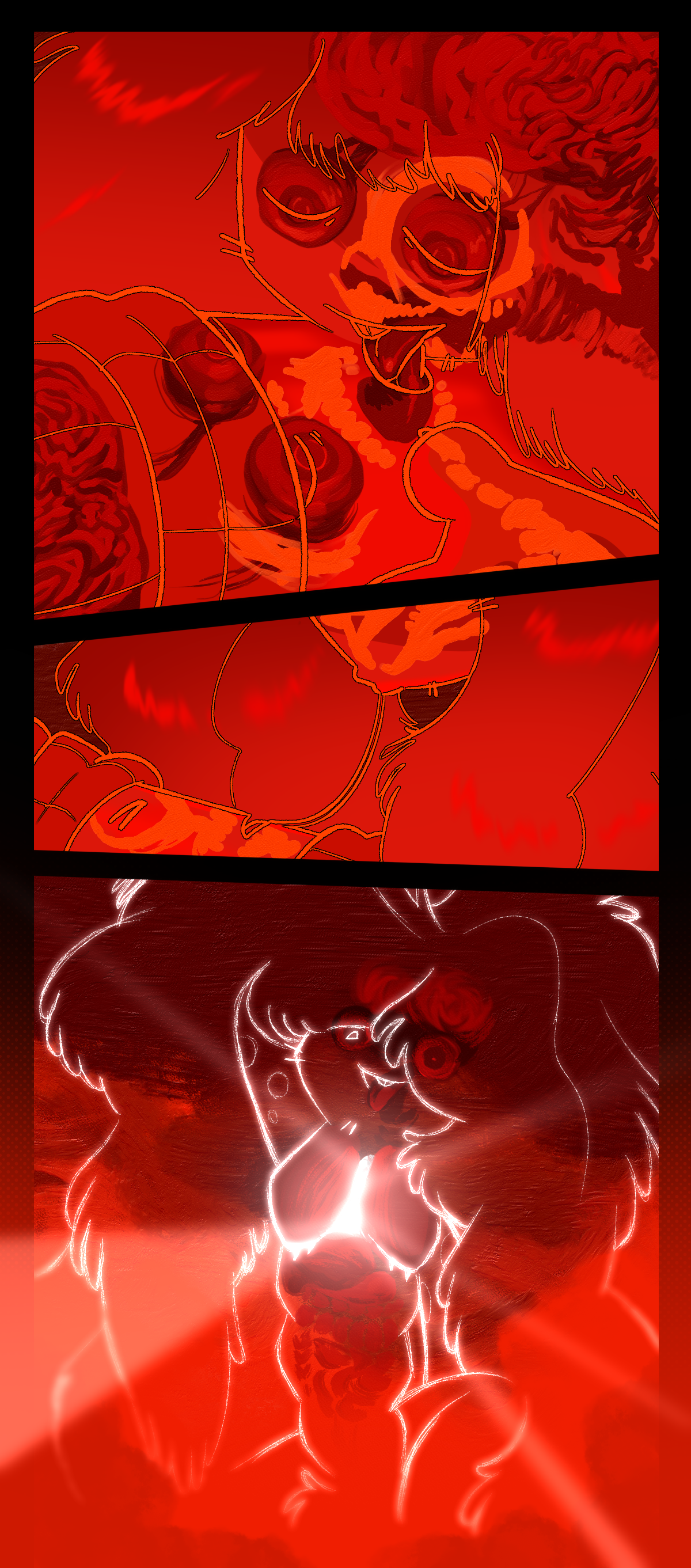 Suddenly, the next panel cuts back to Painkiller and Carrot, their real bodies now the overlays as their hypothetical insides grow more detailed. Their brains, skulls, and eyes can be seen clearly past their outlines. Carrot and Painkiller share a French kiss, and where their tongues connect to their throats can be seen under their skin. Carrot pulls back and away from Painkiller, a line of drool connecting both their mouths, and leans back on top of them. His one eye opens again, the other covered by his leaves, but all of his organs can now be seen. Lungs, liver, intestines, Painkiller can map where each one would be. There's a bright white glow emitting from Carrot's chest, shining out from where his heart would be.