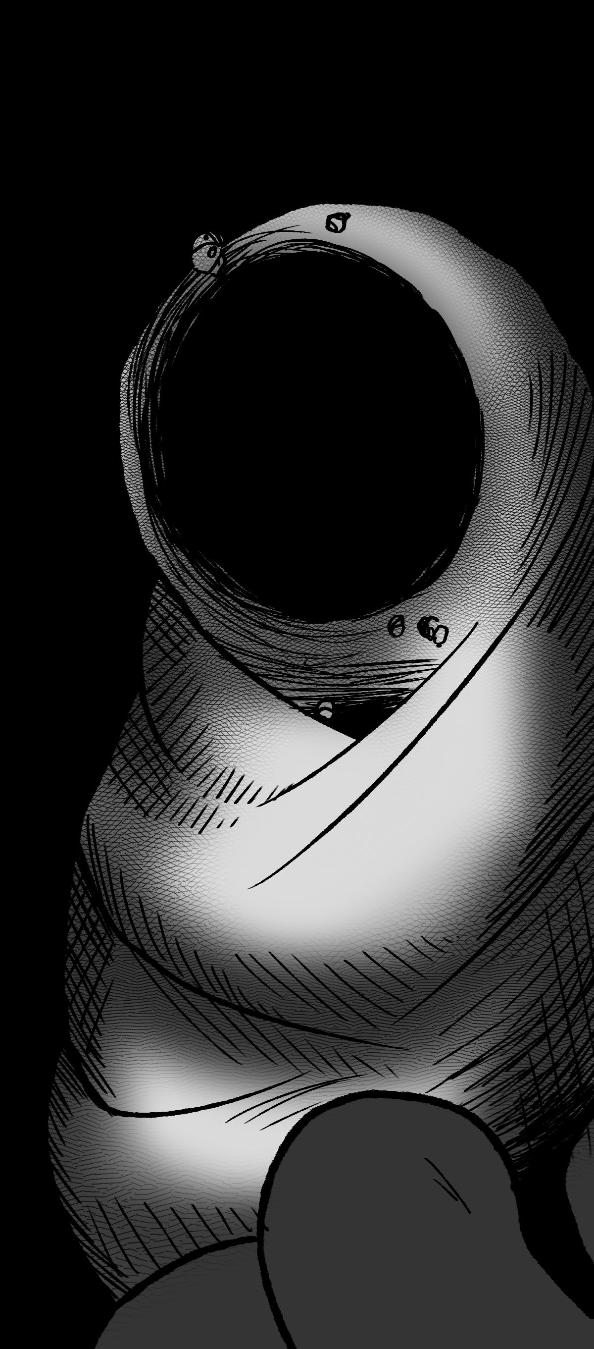 The swaddled baby cannot be seen in the black void of its blanket, but it is crawling with parasites.