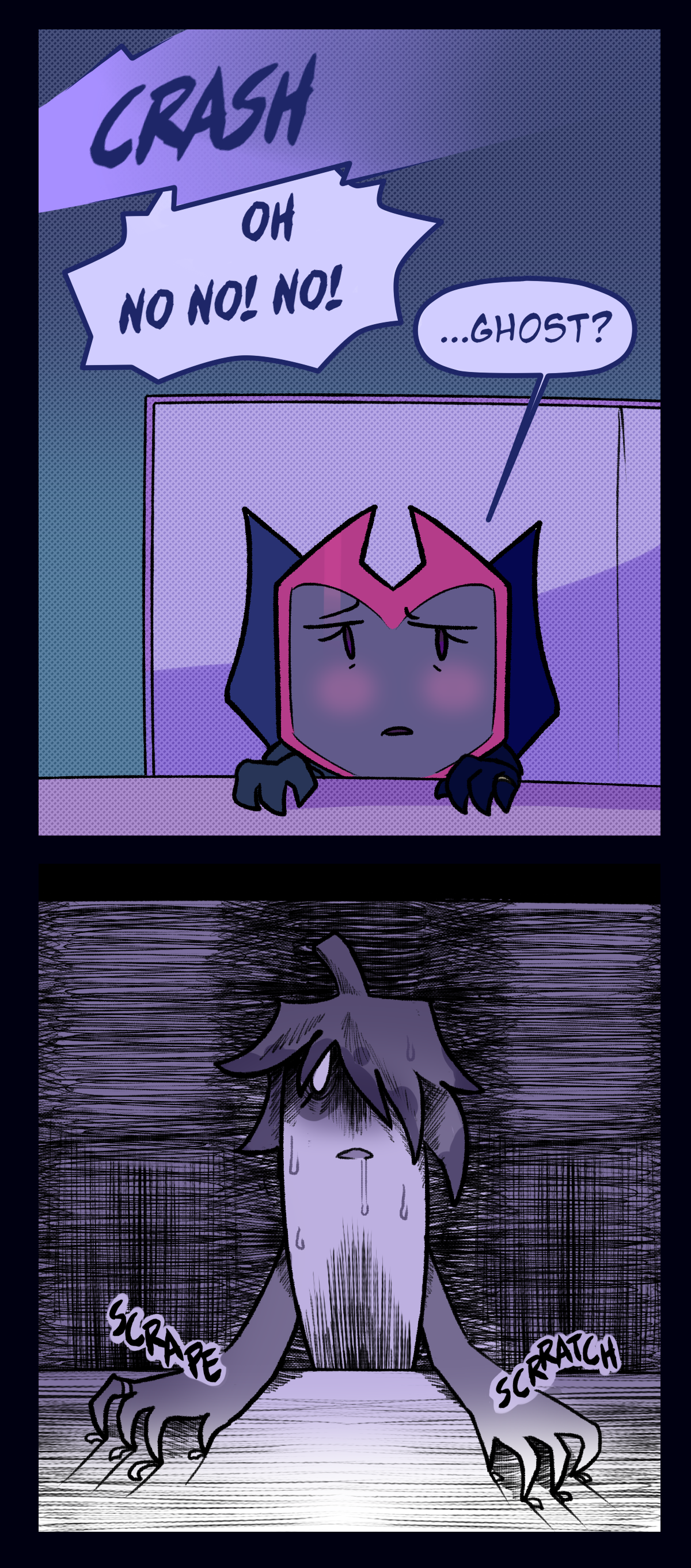 
There's another crash from the kitchen, and someone shouts, Oh no no! No! When Ghost doesn't respond, Dragonscale looks at her, repeating, Ghost? The next panel shows Ghost scraping her nails down the tabletop, an empty look in her eyes, a line of drool coming from her mouth, and sweat dripping down her face. The colors shift to stark black and white.