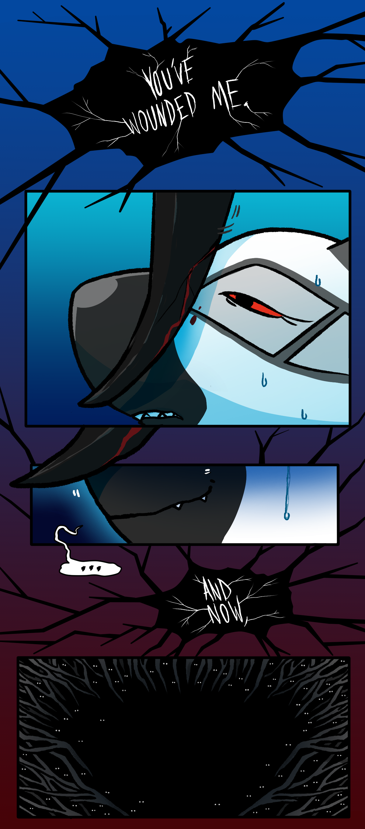 Morrigan says, You've wounded me. She turns her talon over, revealing that it has cracked and is bleeding. Airplane smiles, crying and saying nothing. Morrigan continues, And now. The peering eyes of the crows in her shrouded face begin to melt together into a ball of light, like an open mouth. Morrigan says, You will heal me. 