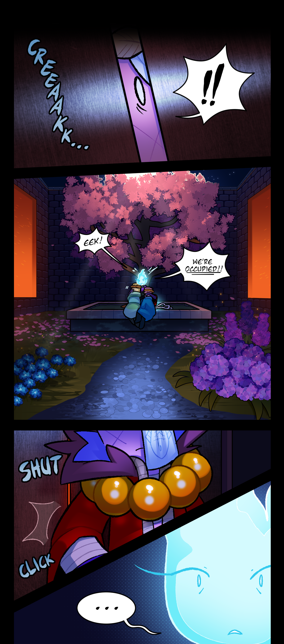 Gum peers through the sliver in the door as text describes the sound of it slowly creaking open. Her eye is wide with surprise. Across the private garden, Wick is sitting on the edge of a brick tree planter with two women in her lap. She shouts, Eek! We're occupied! The garden is filled with flowers and pink petals falling from a cherry blossom tree. Two large orange windows are on either side of the private garden, but the glass is too thick and frosted to see through. Gum enters the courtyard, closing and locking the door behind her. Wick looks on in silence and confusion.