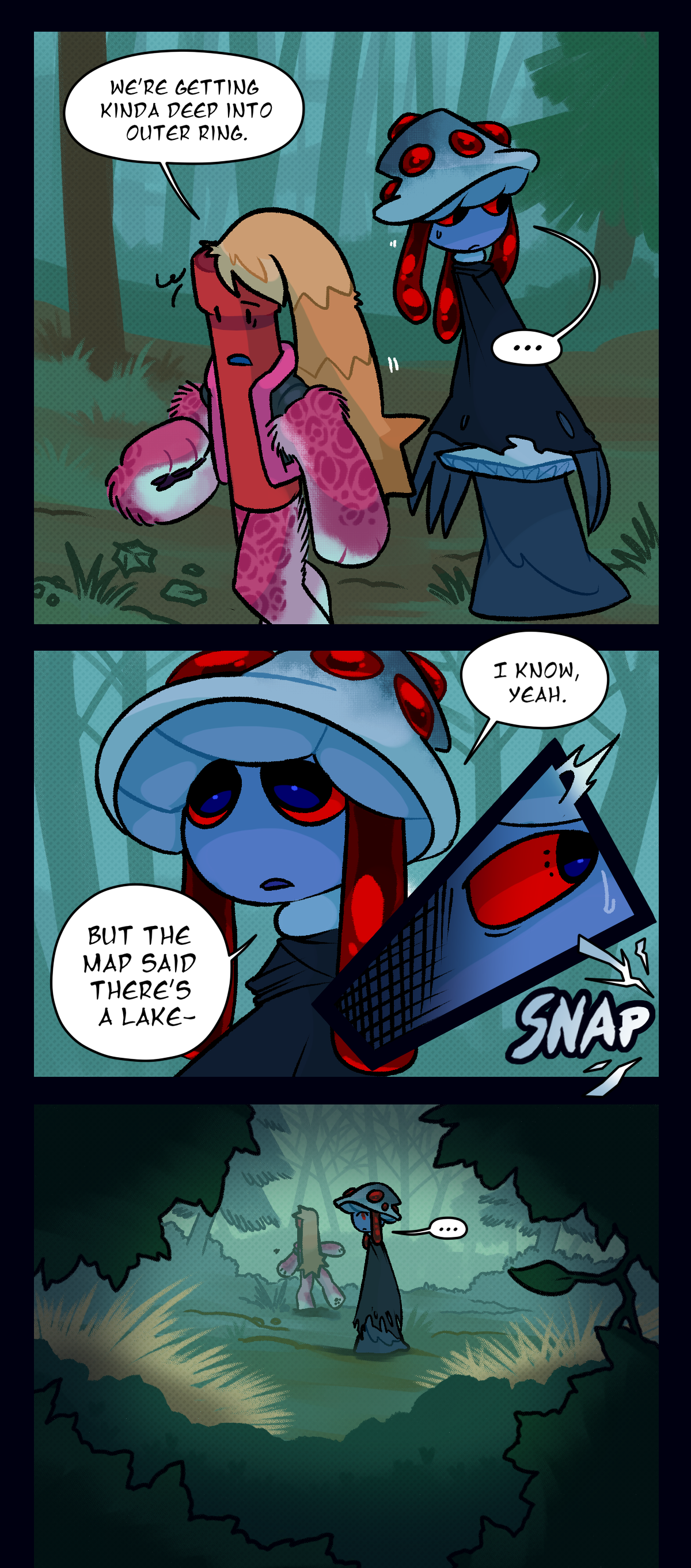 Dynamite says, we're getting kinda deep into Outer Ring. Mushroom says I know, yeah. But the map said there's a lake. Text describes the sound of a twig snapping.