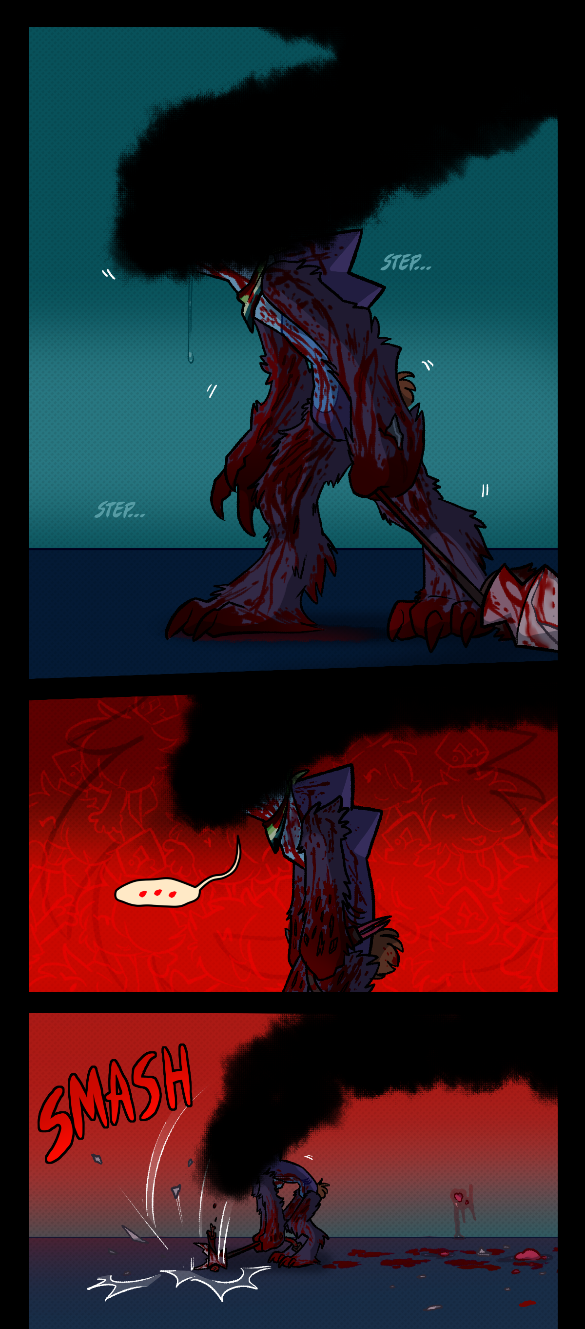 Razor walks through the tunnels. Text says step, step. Razor stops to think about Fuzzball, and smashes Lava Lamp's corpse against the floor. Text says smash.