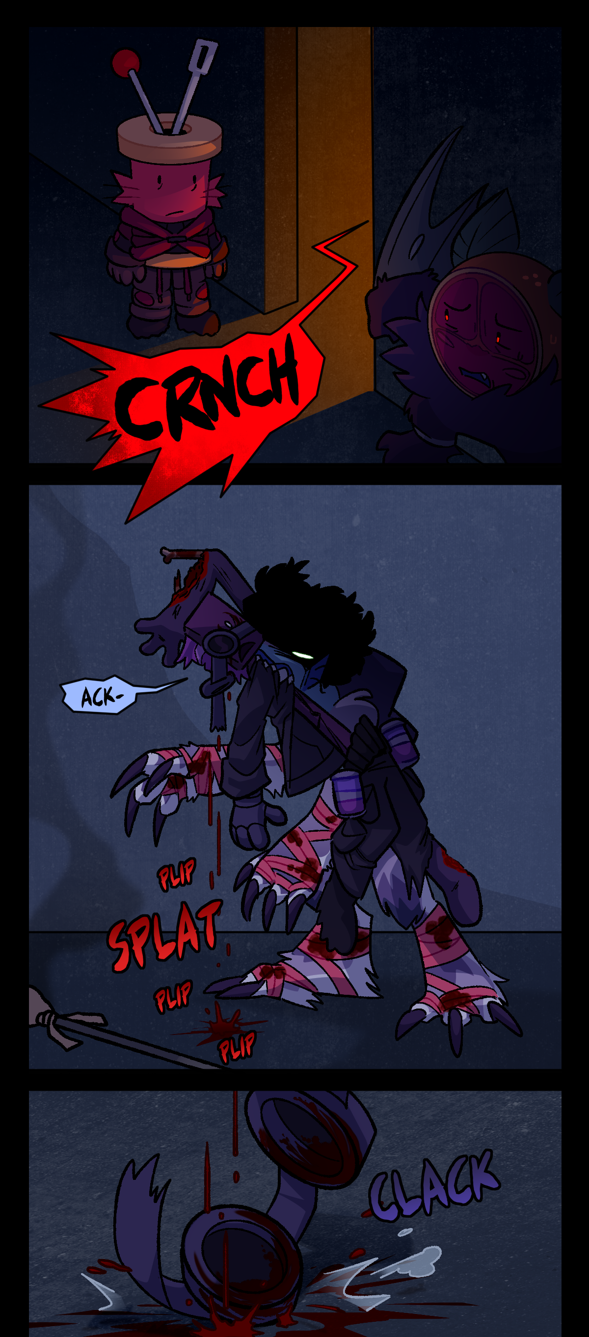 Citrus winces from his hiding spot as a loud crunch is heard from the other side of the wall. Spool stares blankly. Toothbrush's broken body hangs from Razor's jaws, his weapon extinguished and his arm broken. His object is cracked and his mask has fallen off, allowing the blood pooled up in his goggles to splatter onto the floor. Text describes the sounds of blood and the goggles hitting the concrete.