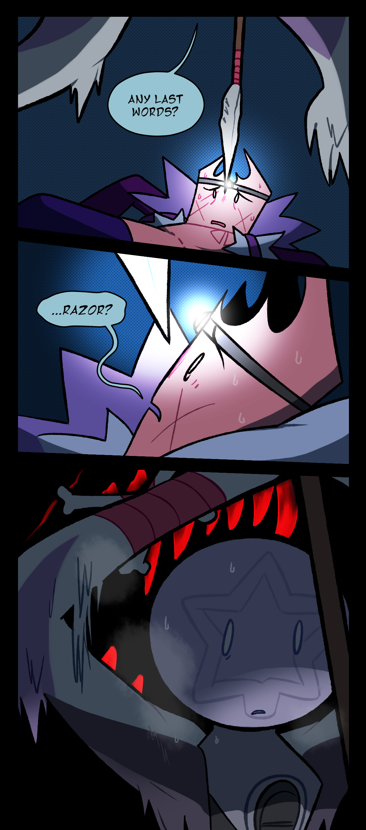 Wanda points her weapon at Gum's head, asking, Any last words? Gum asks, Razor? Razor appears behind Wanda, breathing down her neck.
