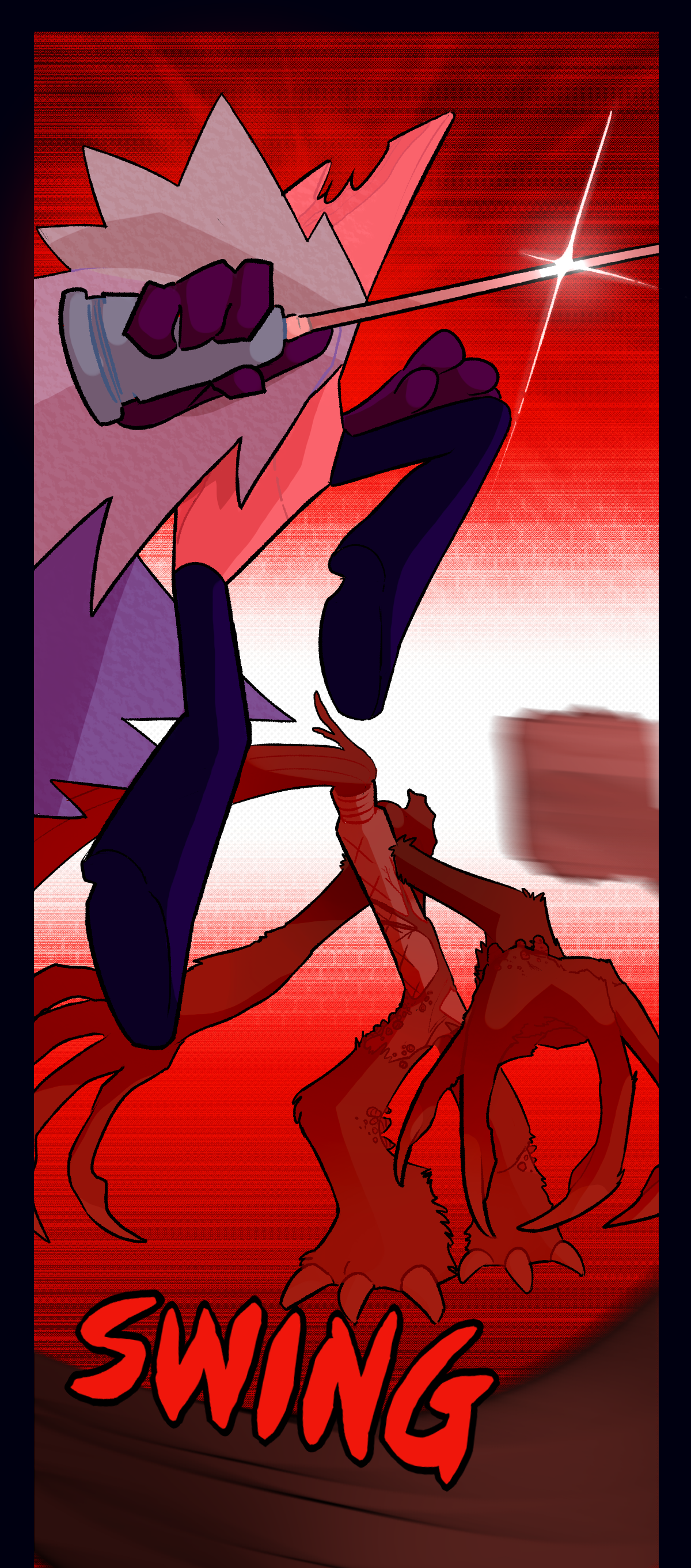 Gum leaps up high with her needle sword in hand, jumping over the assimilated object's head as it swings it toward her like a flail.