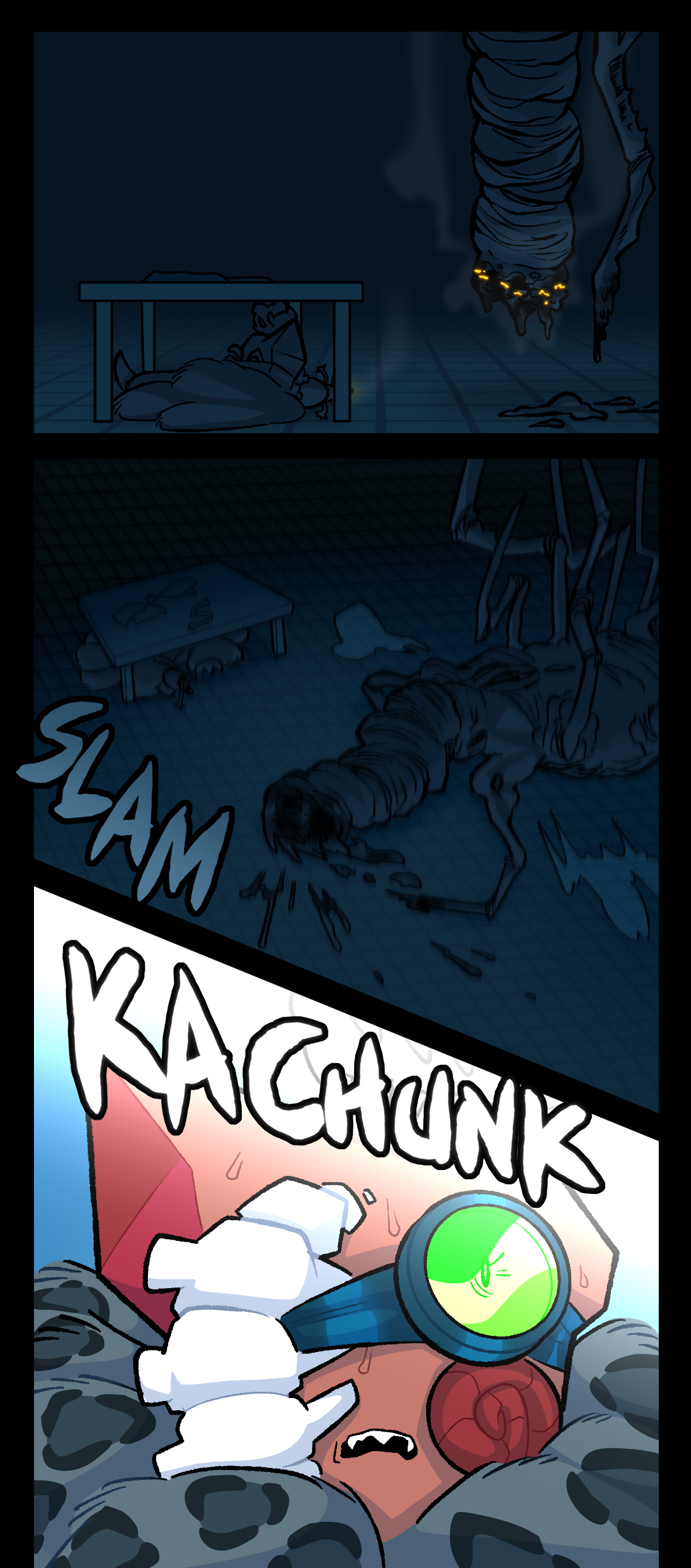The ray gun and some singed areas around the parasite's neck glow orange as they emit smoke. The assimilated object plummets to the ground, shaking the lab. Text says slam. The lights then turn back on with a loud kachunk. Fossil stares on in horror, sweating.