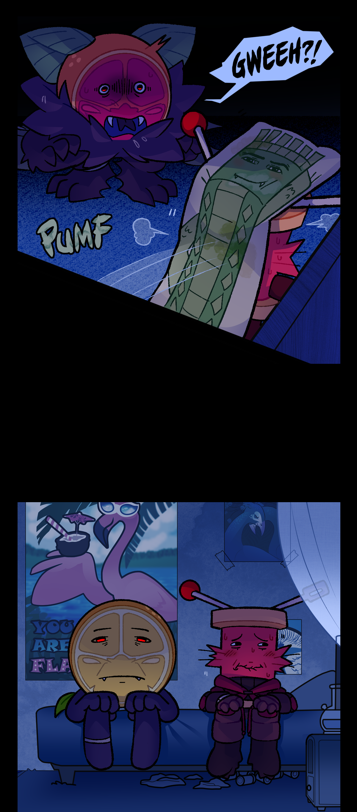 A musty dusty crusty body pillow flops forwards out of the closet and onto Spool's face. Citrus, in shock and horror, says Gweh? After some time, Citrus and Spool can be seen sitting on the edge of Spool's bed. Citrus is in his hominid form, and Spool is wearing winter clothes.