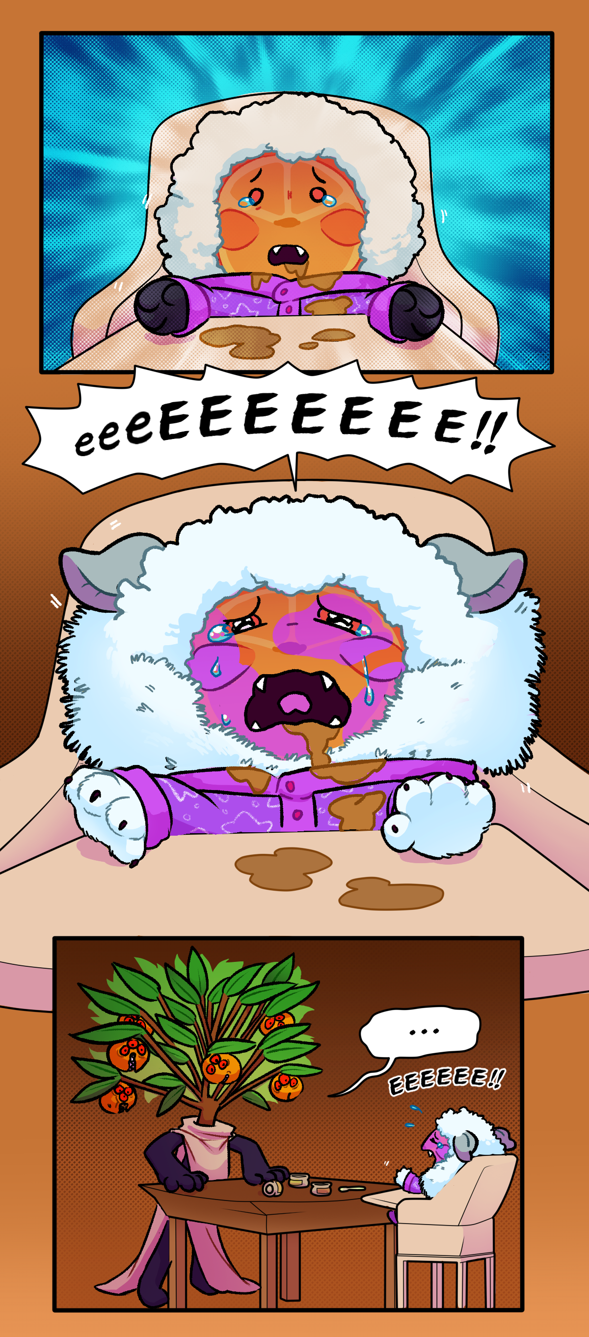 Startled and frightened, Citrus begins to panic and cry loudly. He grows fur and ears, as his object changes color.  Calamondin watches in disbelief as he cries. Holding him up, removed from his dirty clothes, Calamondin thinks, I understand now. This thing is not mine. Citrus continues crying. She thinks, Fostering a Child of The Night could get me killed. Starving it would really be the right thing to do, but. Her leaves rustle over Citrus, tears dripping down like rain water as she begins to cry. Text says rustle and hug as she holds him tight to her body. She thinks, He's all that I have left.