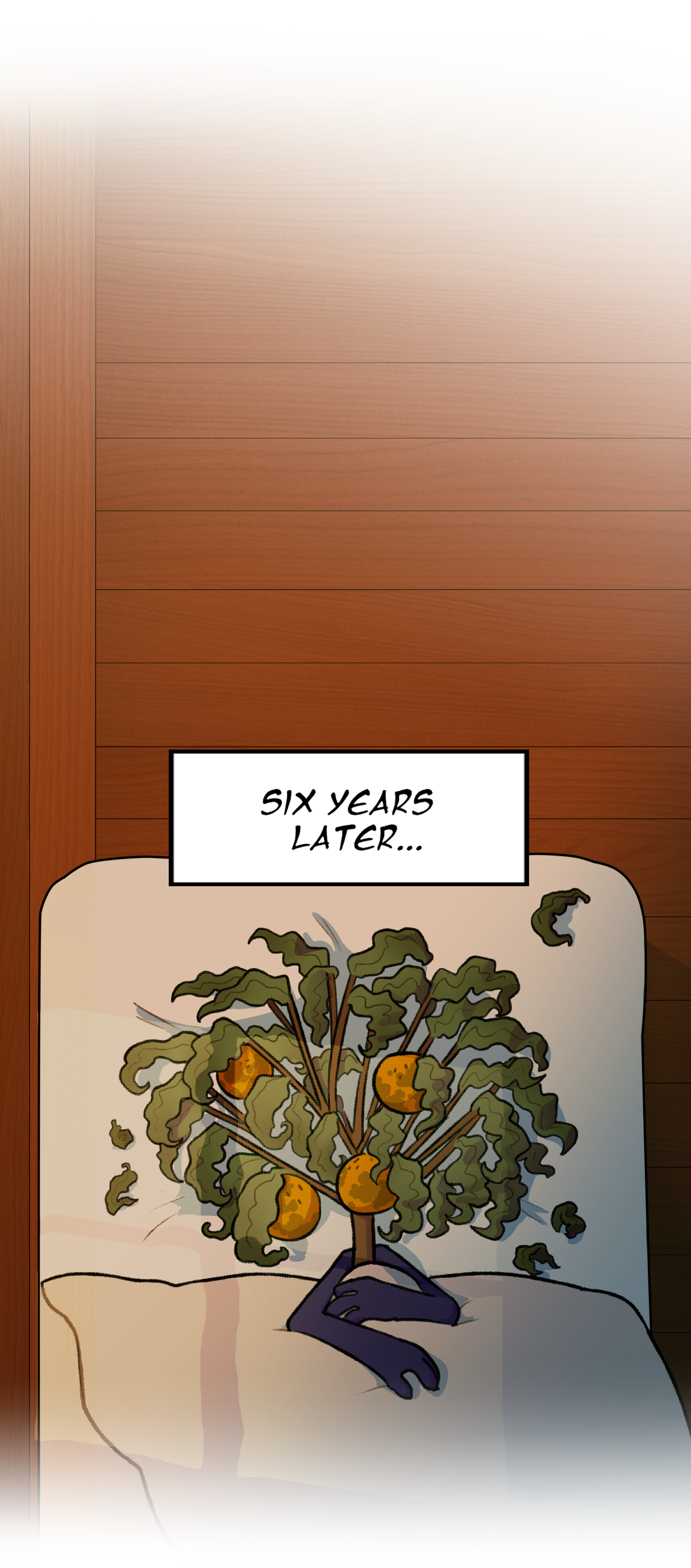 Text box says, Six years later. Calamondin lays in bed, her leaves withered and her fruits bruised.