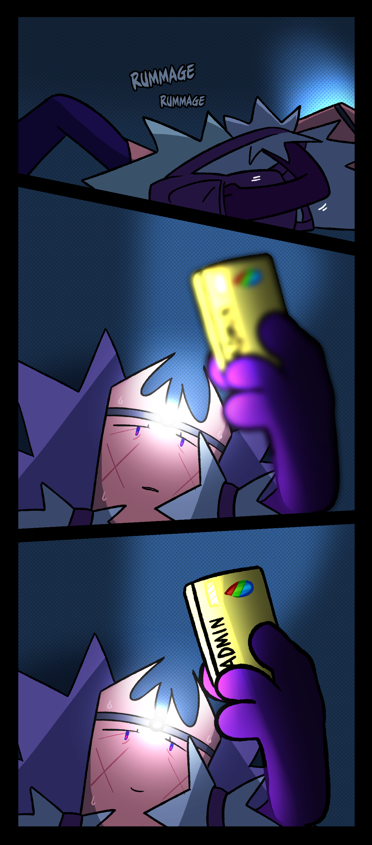 Text says rummage rummage as Gum blindly looks through her backpack with her hand. She pulls out the key card from a previous episode, revealing it to be the admin card for a respawn terminal.