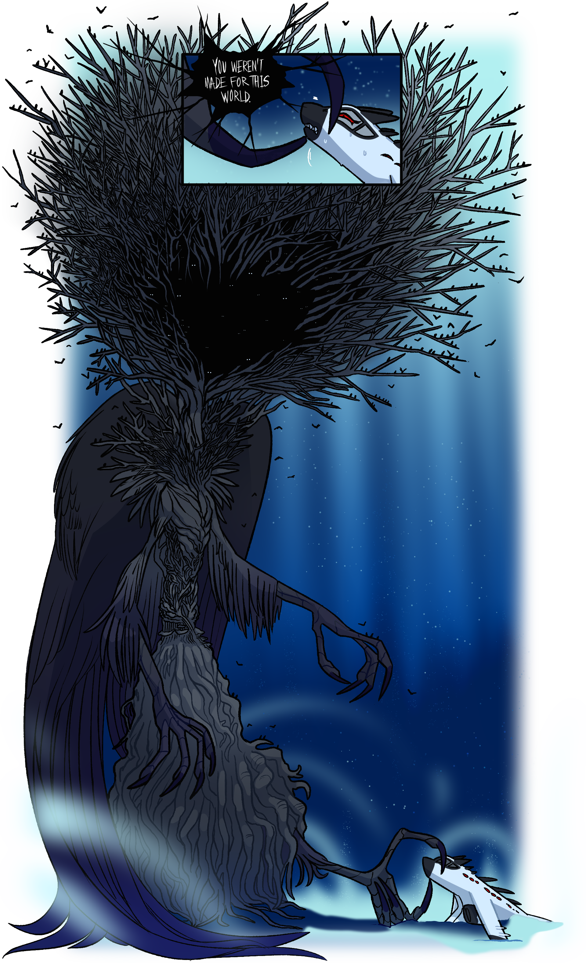 Lawless King Morrigan takes form, lifting Airplane's head as she begins to sweat from fear. Morrigan says to her, You weren't made for this world. The lawless king towers over Airplane, a large, grey, barren tree whose center is blacked out by shadow and filled with the peering eyes of crows. The wings on her back have long feathers that drape over the ground, and she extends her foot through a mass of gnarled roots.