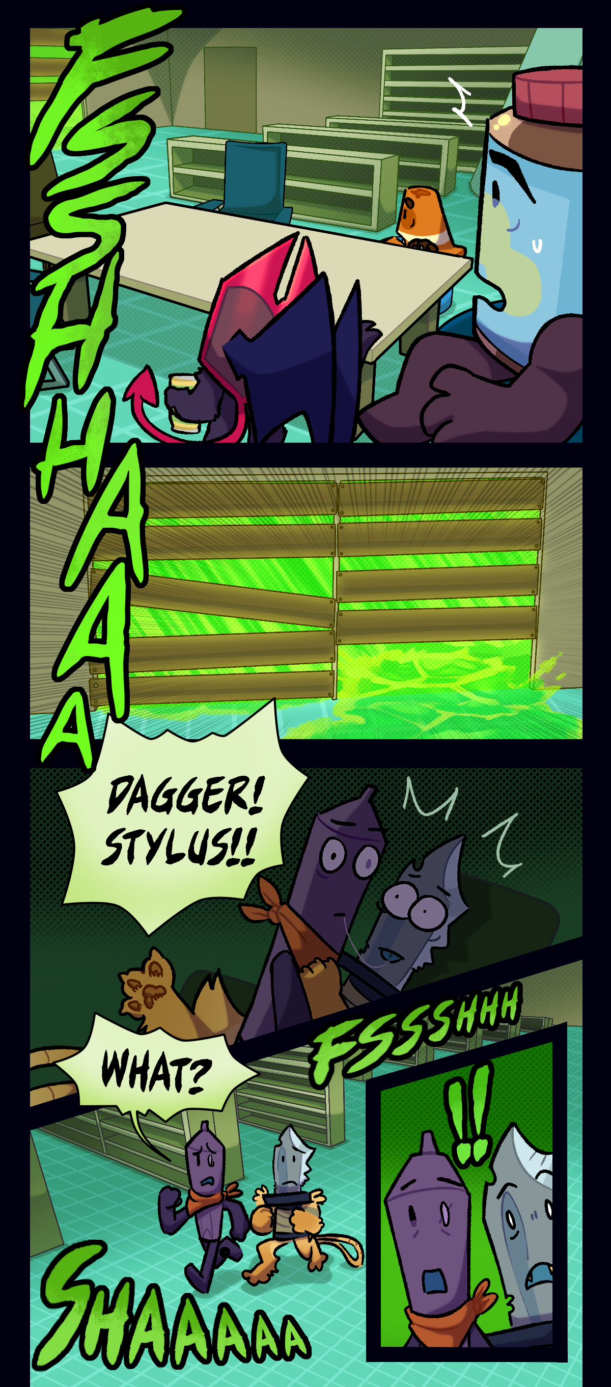 Text describes the loud sound of egstrom as it floods the grocery store. Someone shouts, dagger, stylus! Loud rain sounds continue as Stylus asks, what?