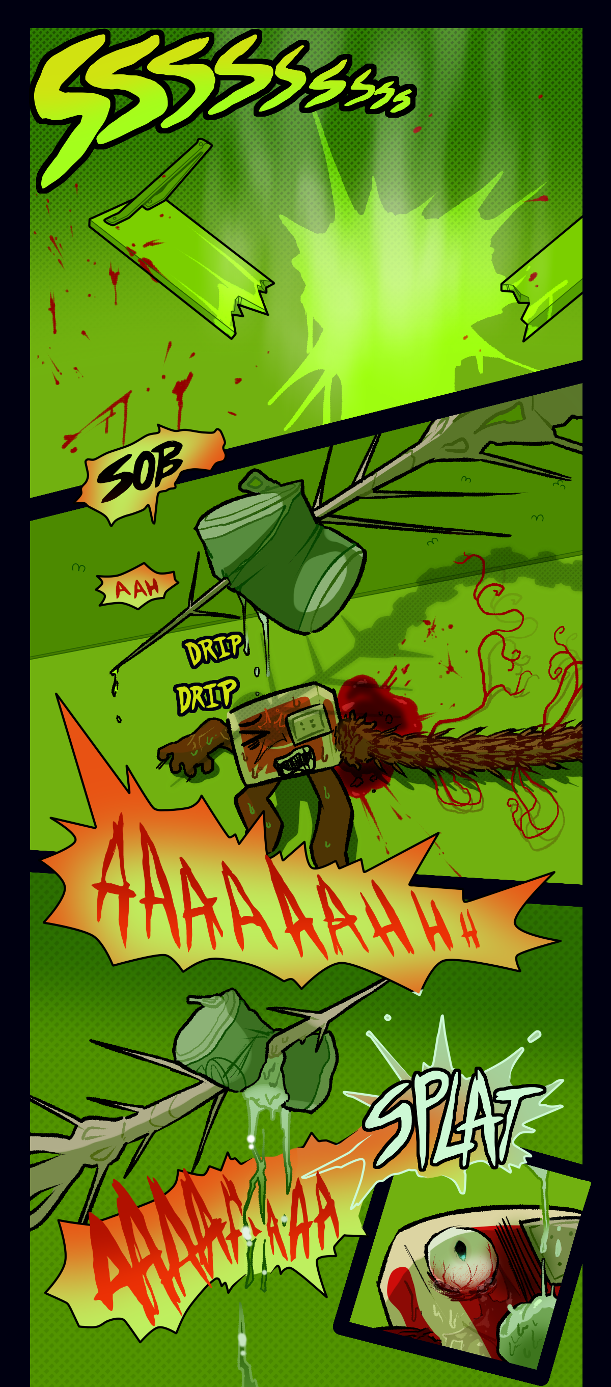 Text describes sound of burning. Hokkaido sobs and continues screaming. Text says drip drip. Screaming gets cut off by a splat.