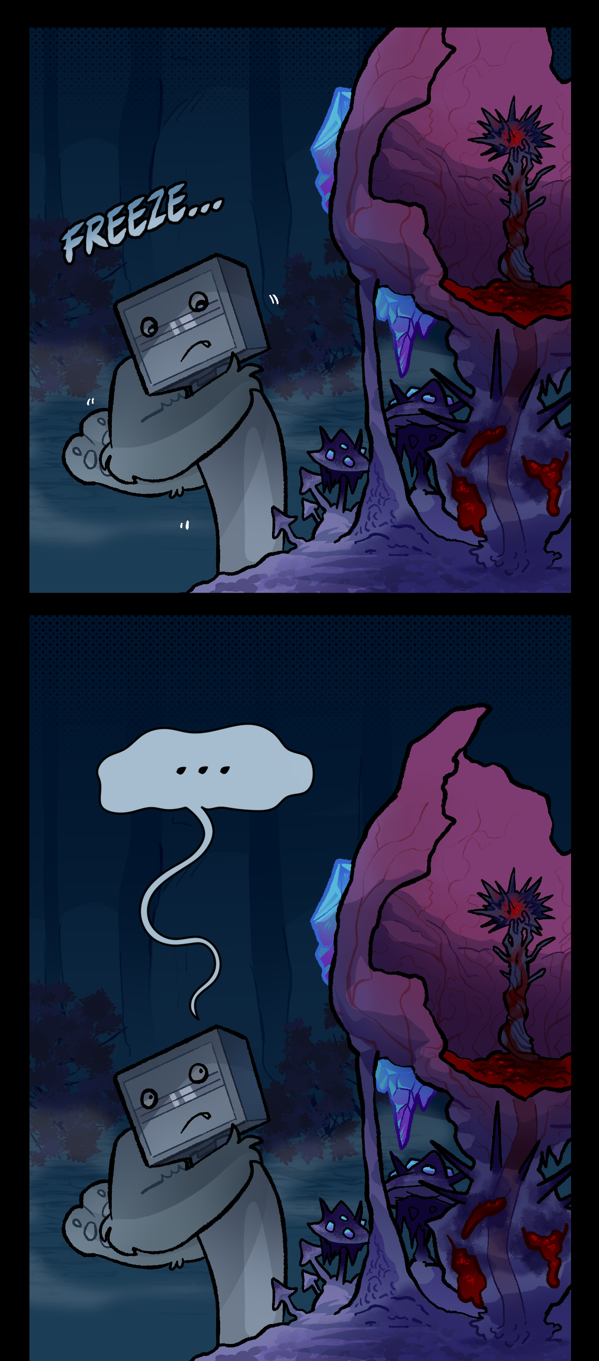 Suddenly, Bic freezes, first looking down at the shroud's mushroom-covered body then at the burst phylactery on top of it. Text above their head in the first panel reads, Freeze, and their speech balloon in the second just reads, dot dot dot.