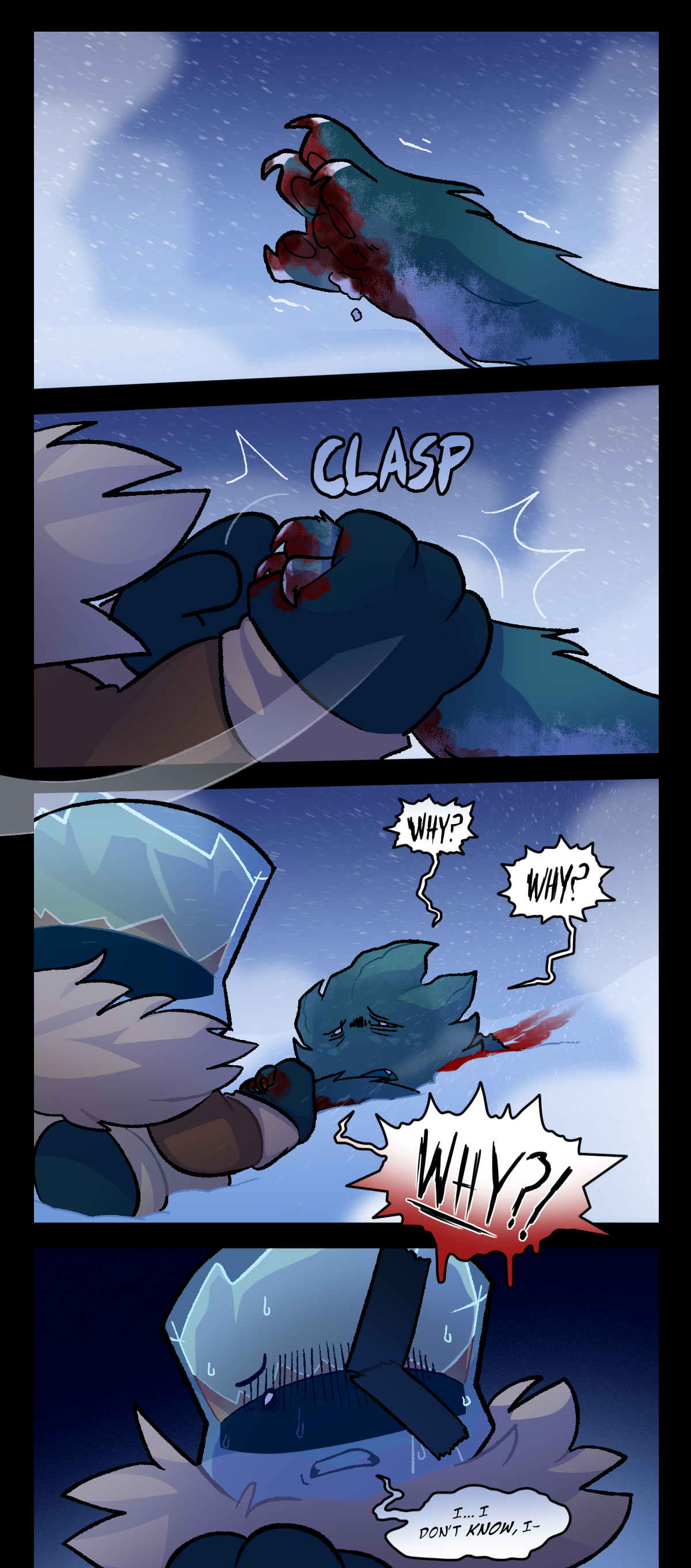 Minty reaches out towards Brandy, who quickly grasps his paw in his hand. Text says clasp. Minty repeats, Why? Why? Why? Brandy, horrified and sweating, stutters, I. I don't know, I.