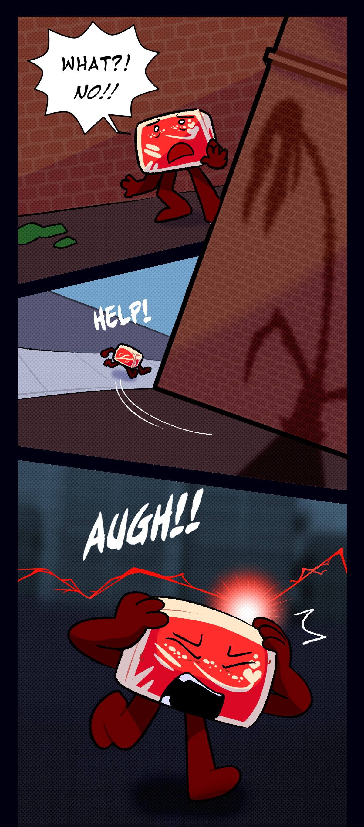 Hokkaido cries out, What? No! and runs off around the corner, shouting, Help! Then, suddenly, he clutches his head, screaming as he feels a sharp pain.