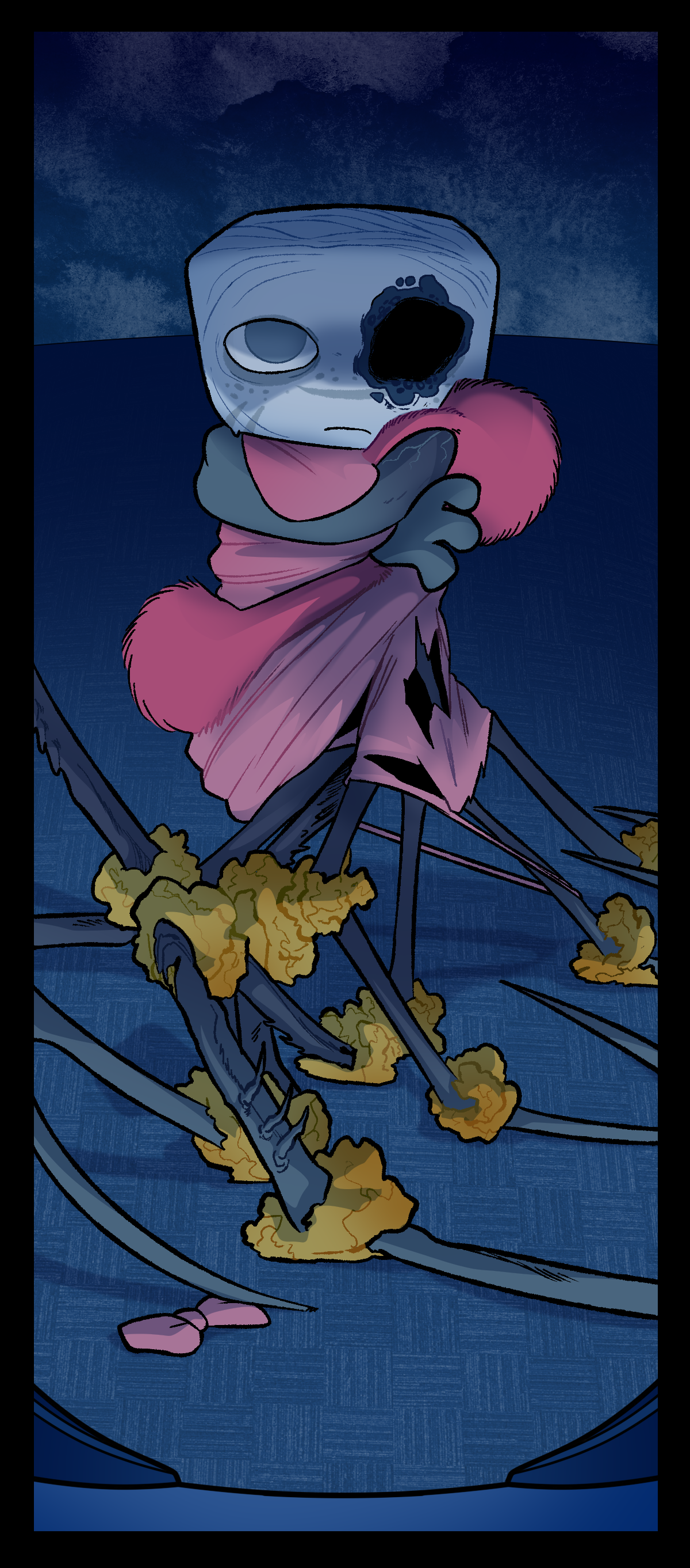 Hokkaido sits with parasitic legs sprawled out on the floor, clinging the torn remains of the penny coat to his mangled body. He stares at himself with an intense, thoughtful, and unsettling expression.