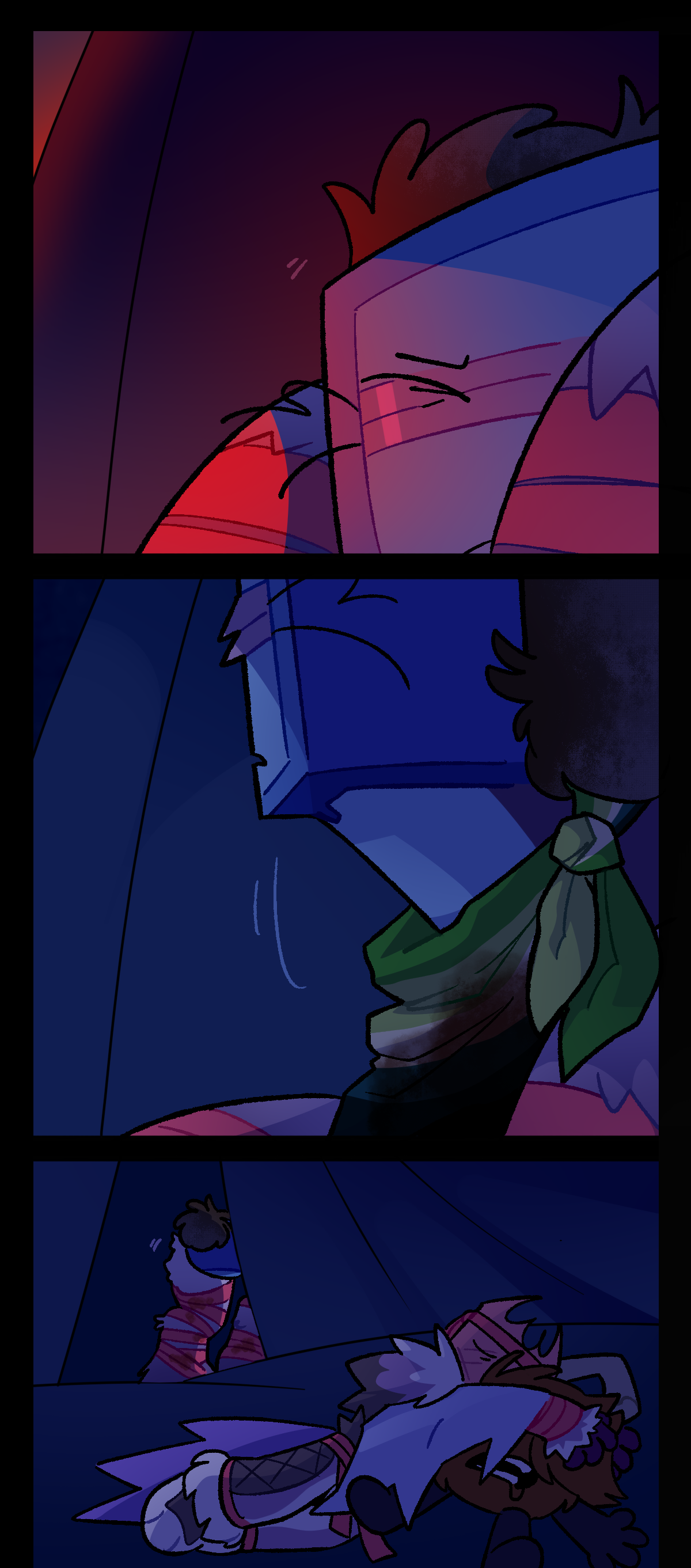 The red glow returns, causing Razor to stir. She lifts her head. Razor leaves Gum with Fuzzball, exiting the tent. Gum clings to Fuzzball instead.