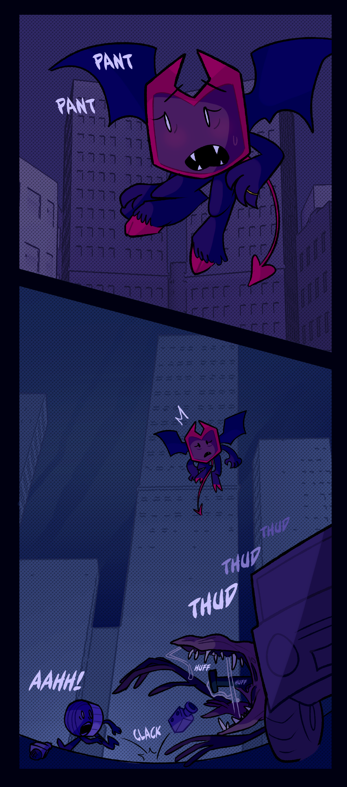 Safe flying in the air, Dragonscale pants, looking around. Below, she notices a mutated object chasing a reporter, who throws a camera at it.