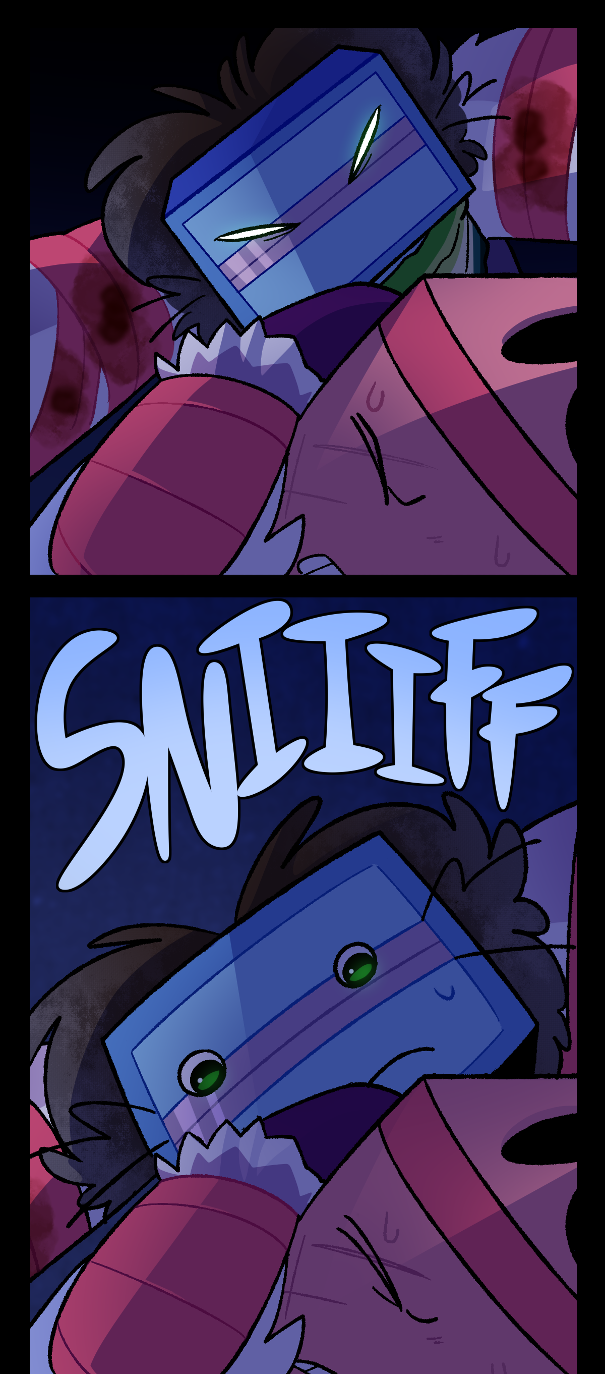 Razor looms over Gum with piercing white eyes by placing her feet on either side of Gum's head and leaning down towards her. In the next panel, Razor's expression softens as she takes a big sniff. Large text says sniff.