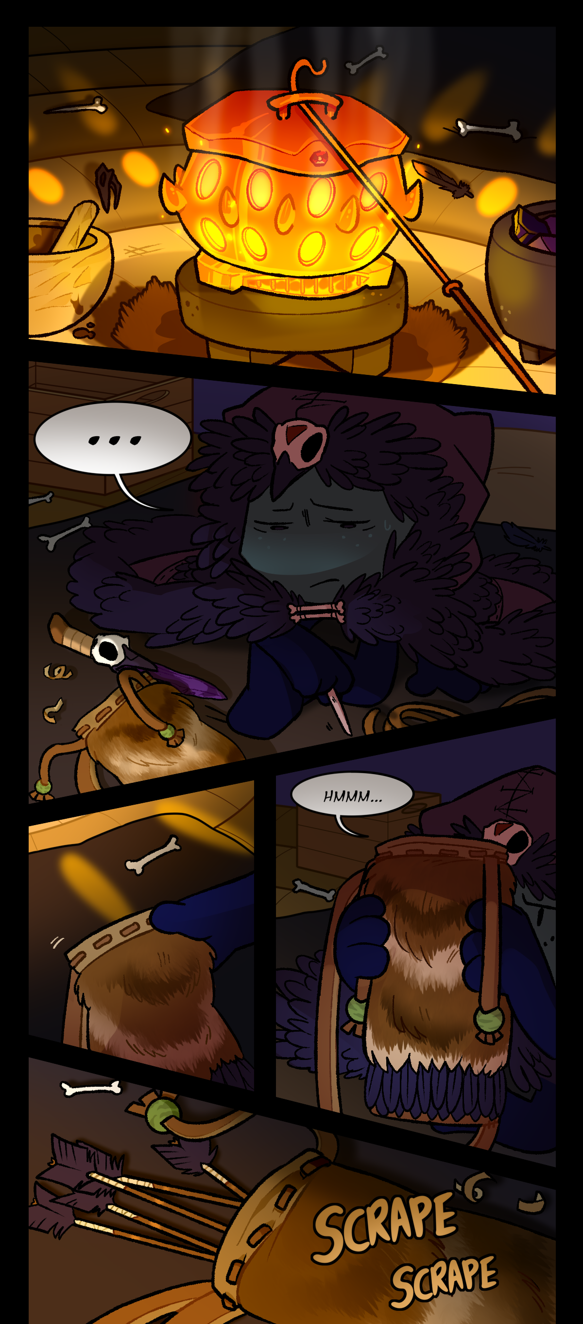 In Comet's tent, the space heater glows orange in the dark. Comet fidgets with a bone awl before inspecting a quiver that she made with rabbit hide and feathers. Text says scrape scrape.