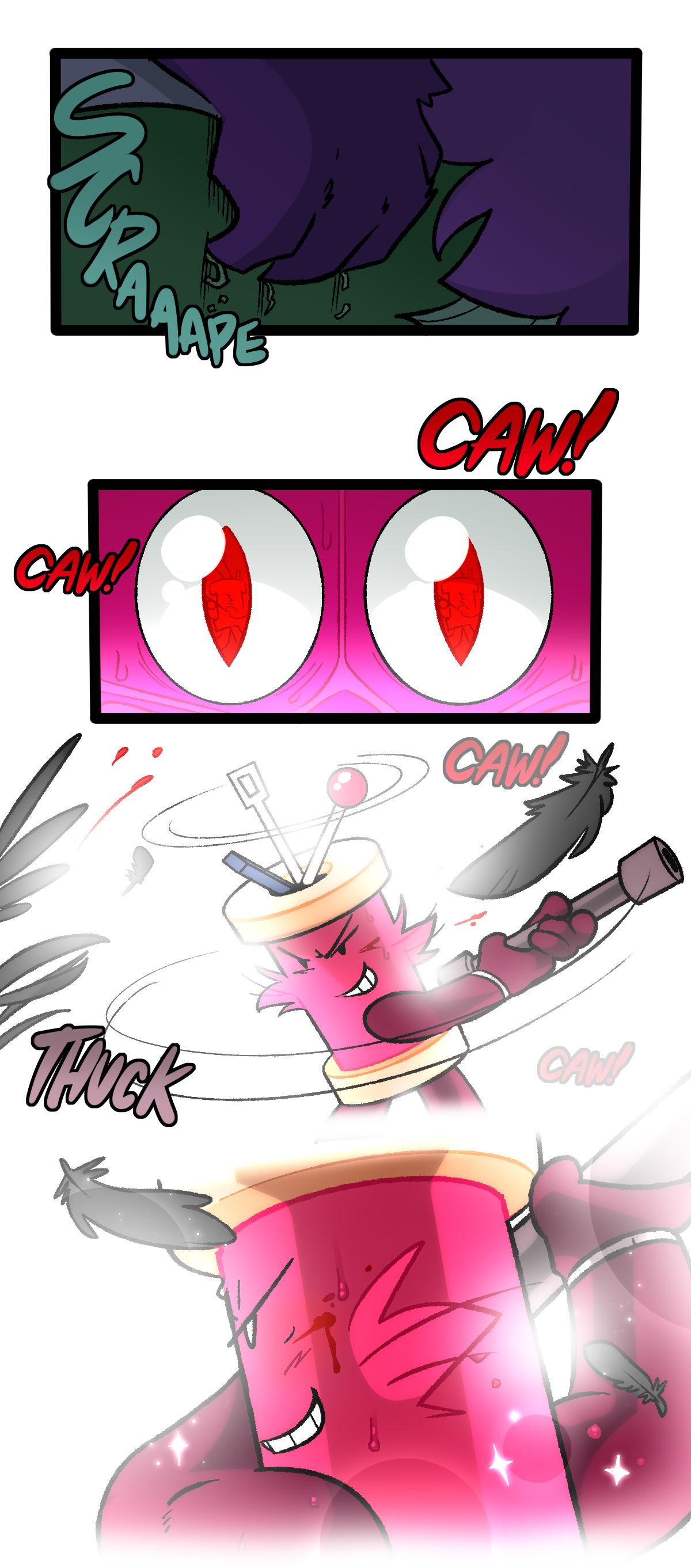 Citrus' claws scrape up his arms as he watches Spool take out all of the remaining crows, a close-up of them showing the muscle built up in their arms and the blood splattered across their face. Spool, dripping sweat, is surrounded by sparkles.