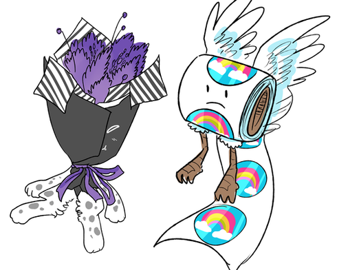 objectified object show, object webcomic, comics, character design, background characters, bouquet, sticker roll, dog, bird