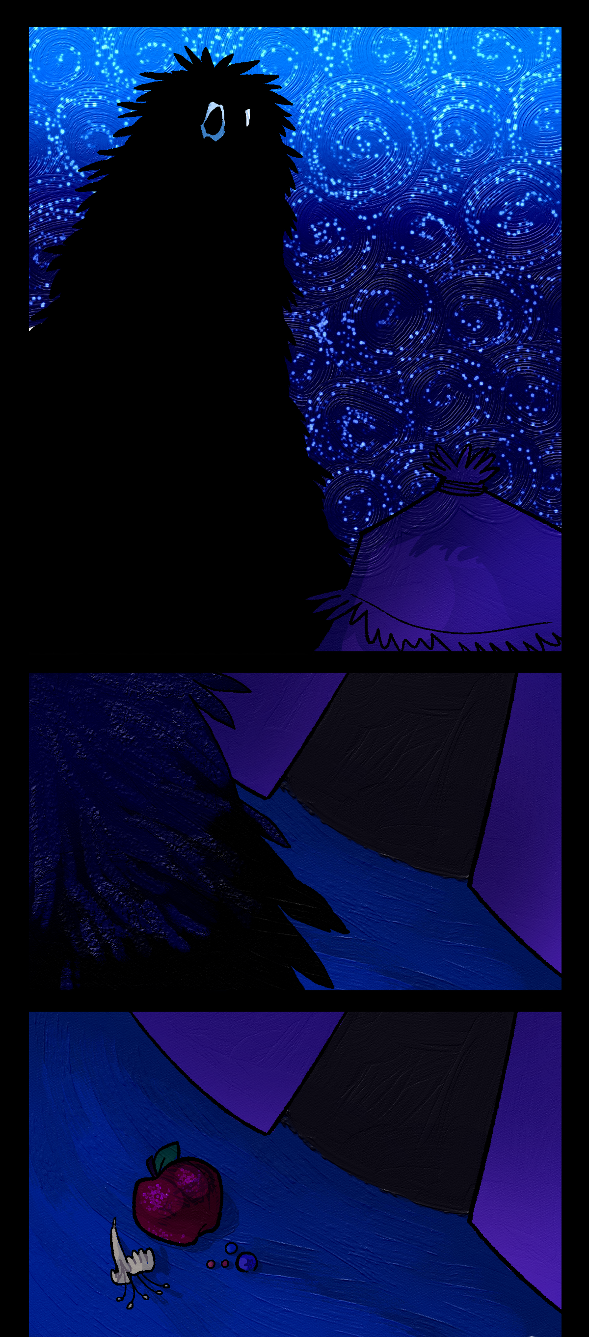 The Nightcrawler towers over Comet's tent. On the ground in front of the tent it hovers for a moment before leaving. In place of its silhouette is a small pile of food including an apple, a honeysuckle flower, and some berries.
