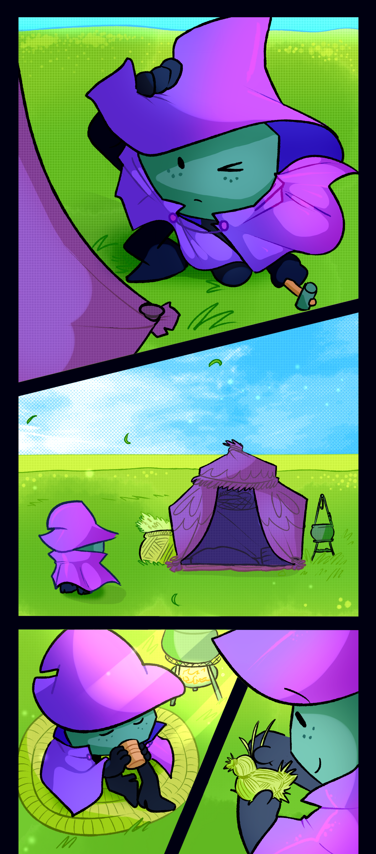 Comet pitches her tent and sets up camp, looking over her campsite once done. The next panels show her sitting on a mat in the grass drinking out of an orange cup, then happily making a small bird out of woven straw.