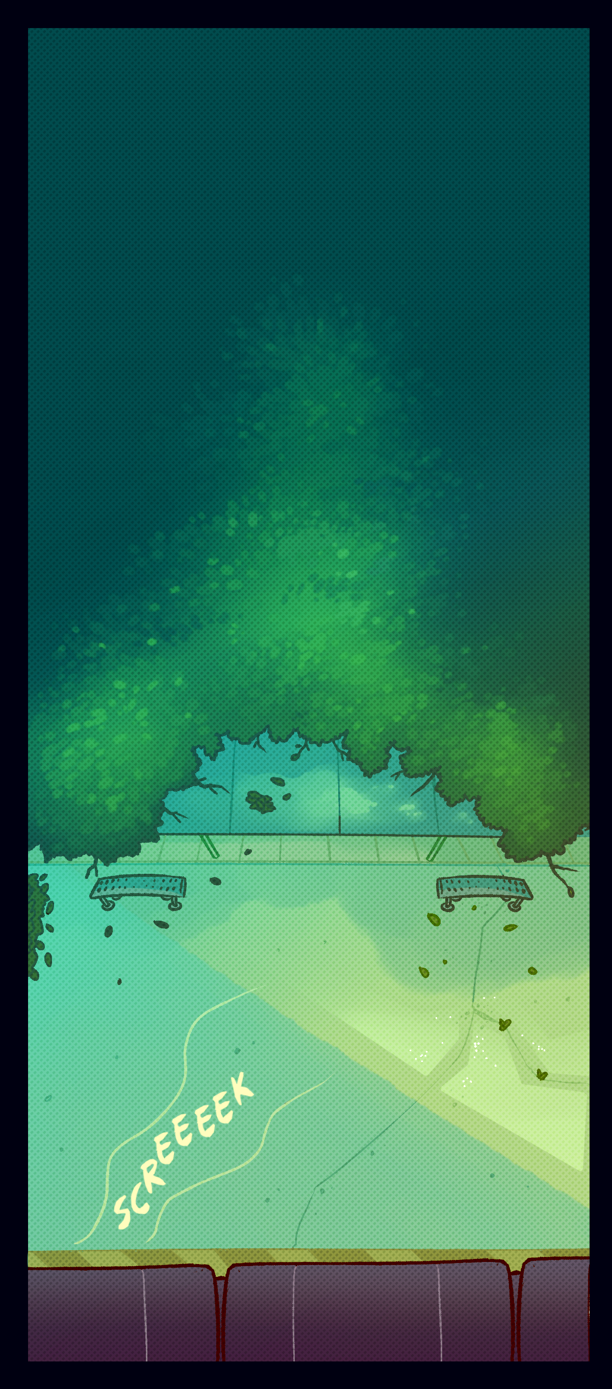 The train screeches to a halt, showing a green station shadowed by trees. The sunset beside the train casts a long shadow.