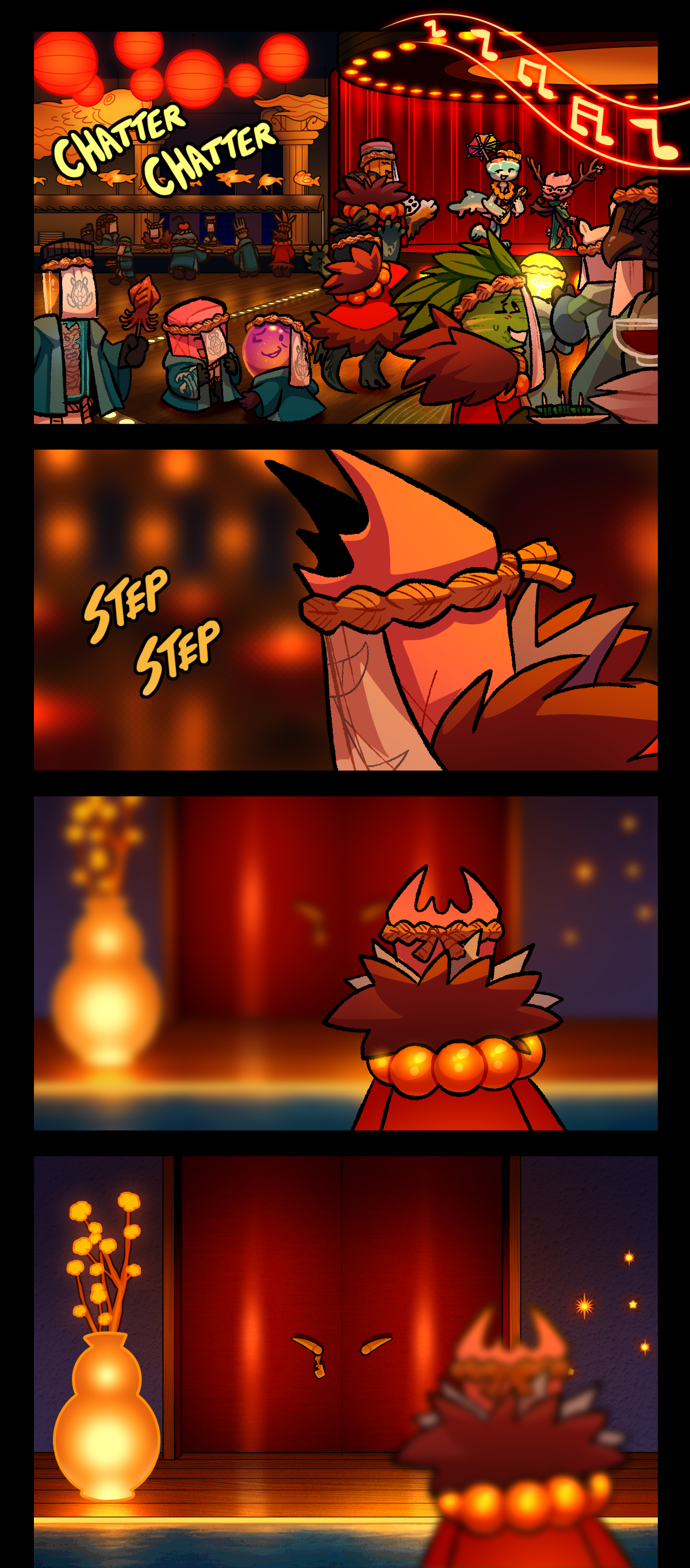 Objects fill an elegant ocean themed dining hall. Music plays from the stage in the center of the room while people talk, dance, and offer food to each other. A self serving food bar can be seen in the back of the room. Gum walks through the building with the carnivore tag covering her face. Text says step step. She stops in front of a door in the hallway. It fades into view.