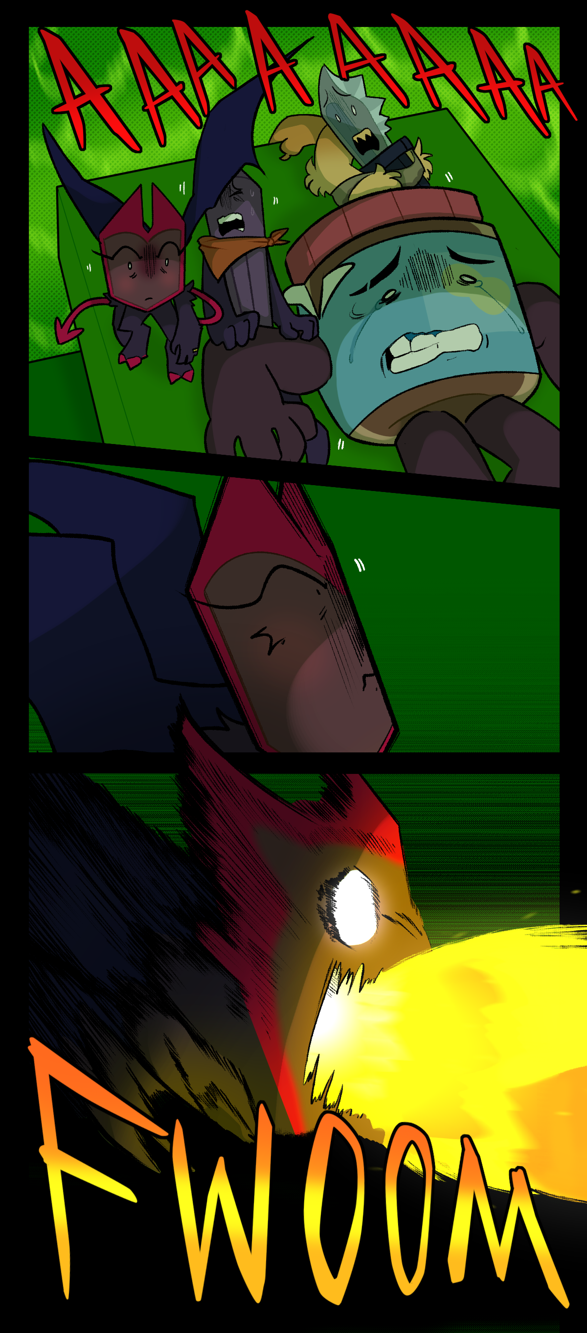 The screaming continues as Dragonscale stands up and faces Cone. Dragonscale leans back. She then leans forward, breathing fire in his direction. Text says fwoom.