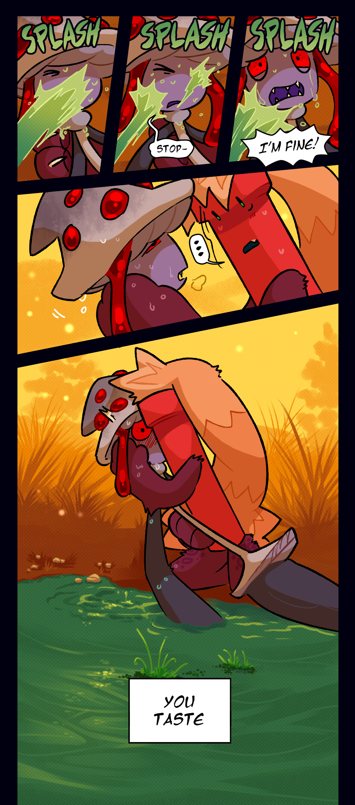 Mushroom wakes up and says Stop, and I'm fine. Text repeats the word splash. Dynamite stares at Mushroom and kisses her. Dynamite thinks, You taste